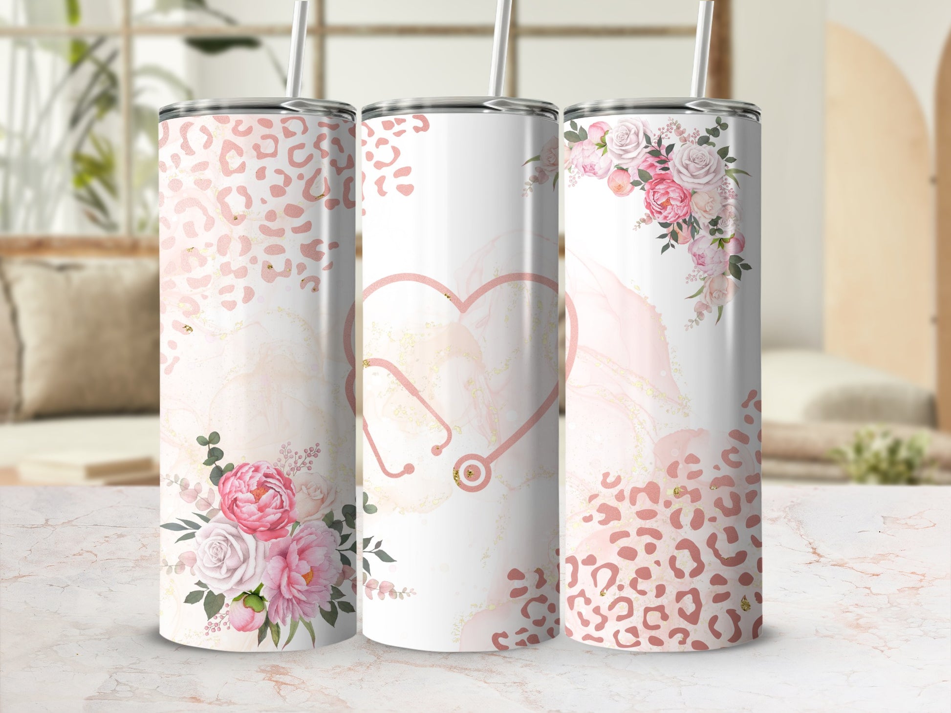 Pink stethoscope heart with leopard print and floral accents on white tumblers.