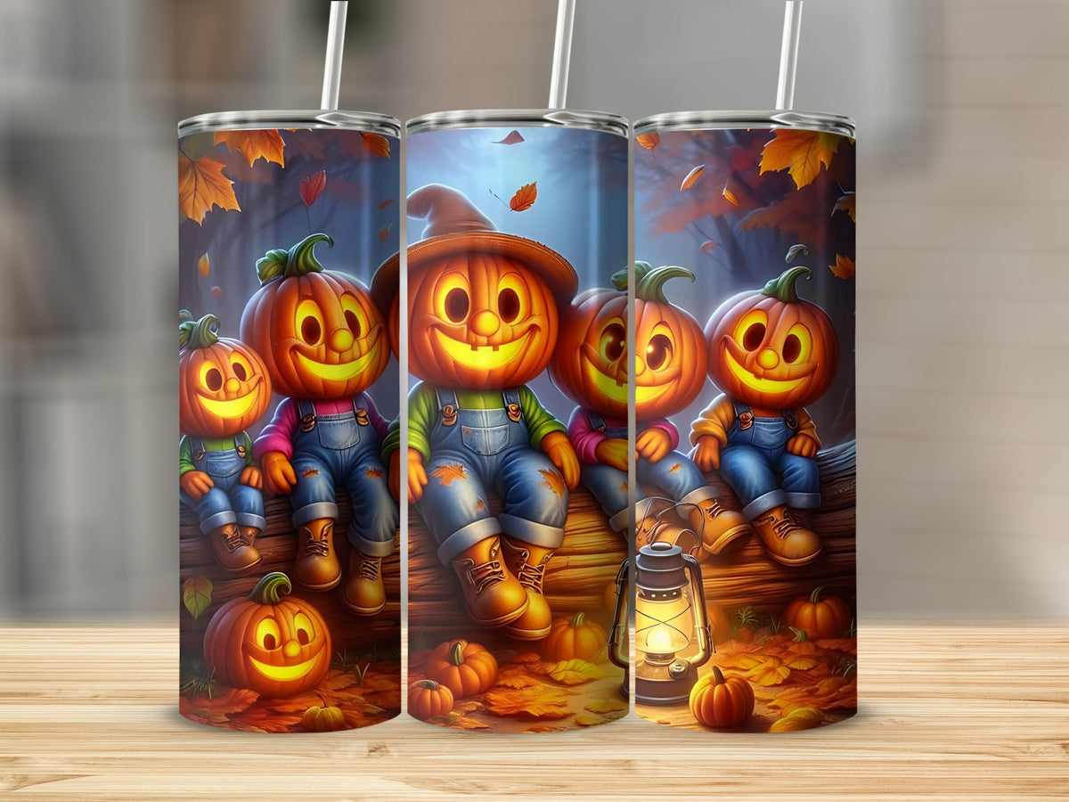 Smiling pumpkins in overalls sit on a log with a lantern and autumn leaves.