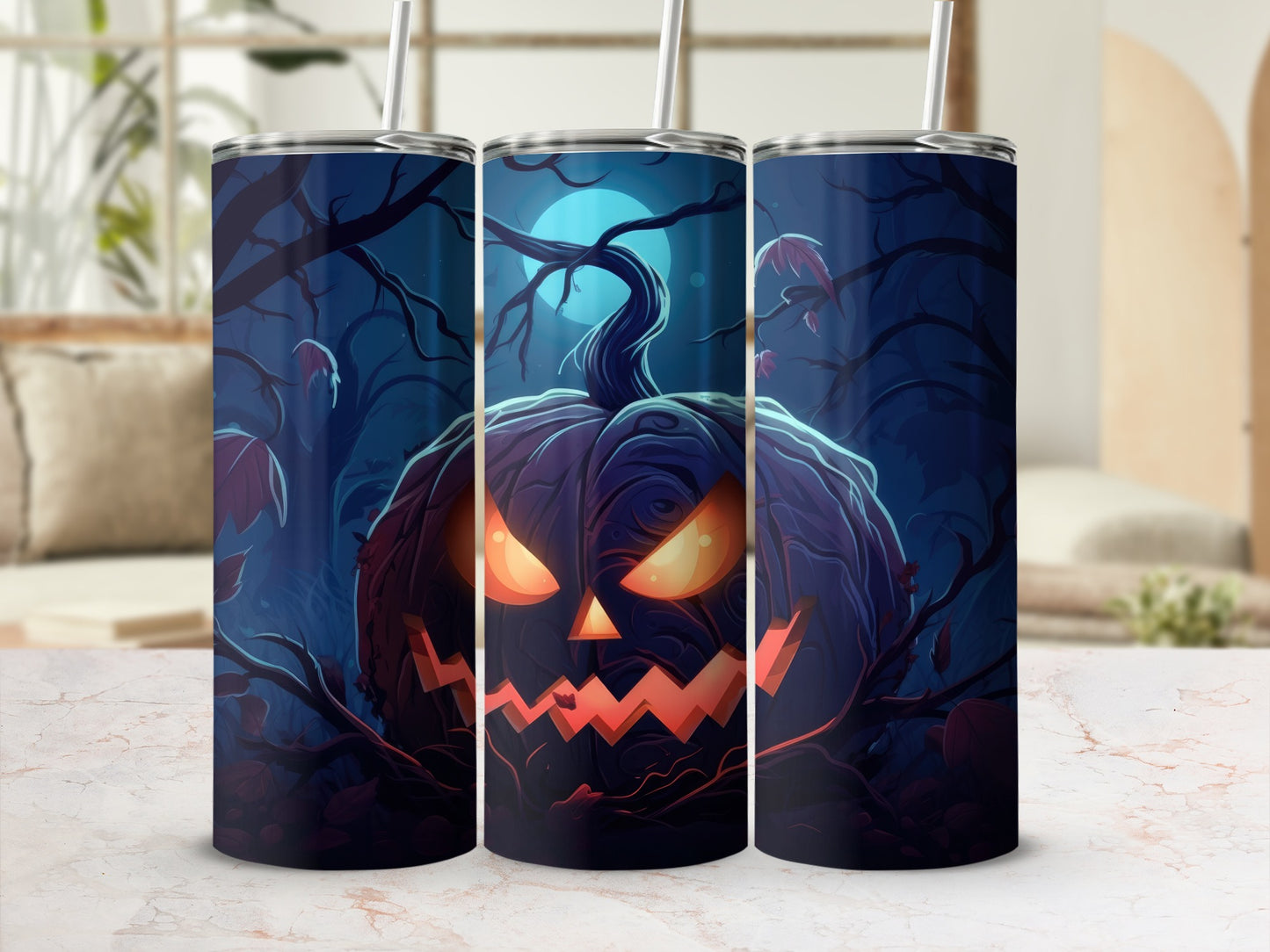 Three tumblers feature a spooky jack-o'-lantern face against a dark, moonlit forest background.