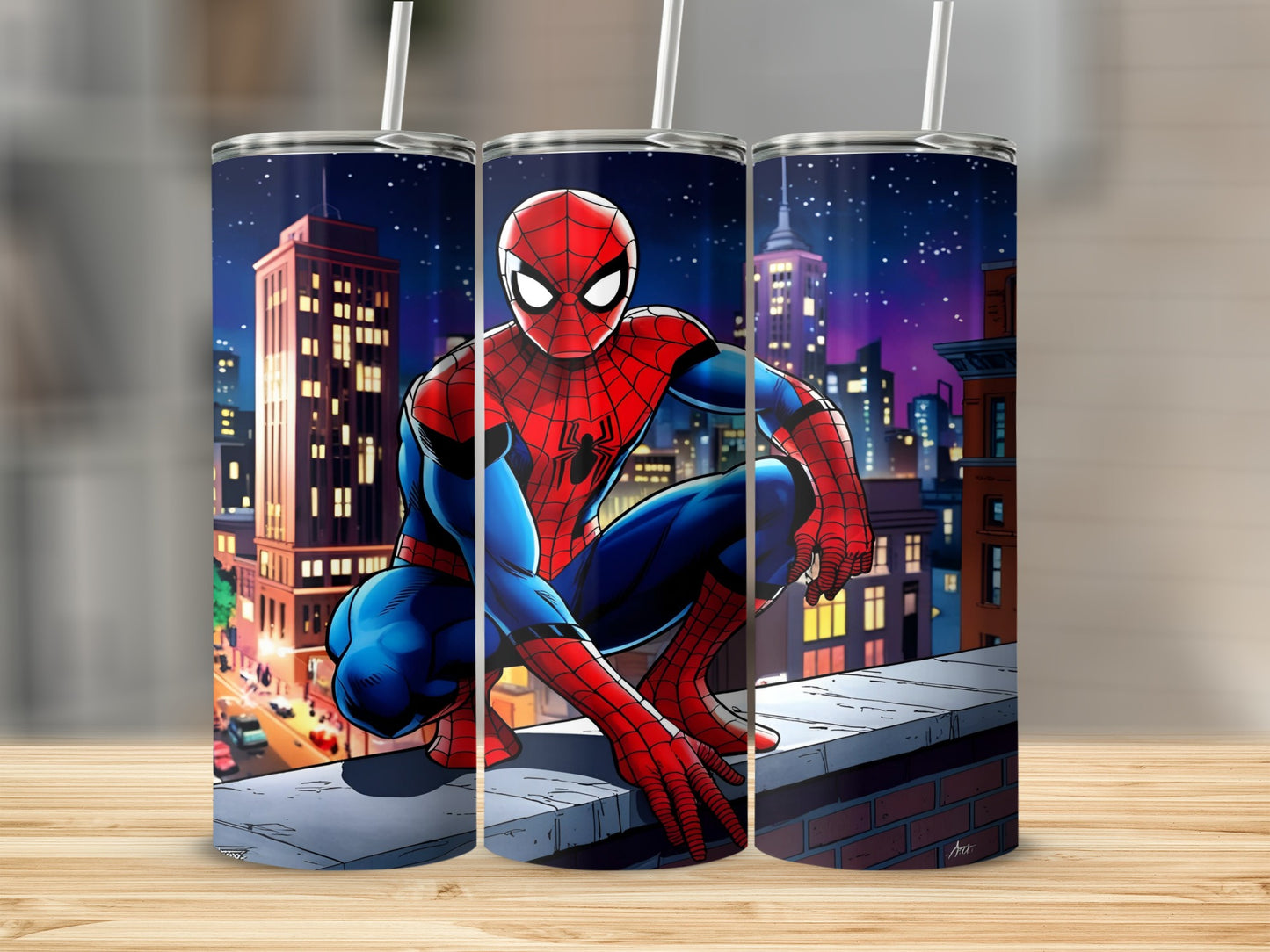 Spiderman crouches on a rooftop in a city at night.