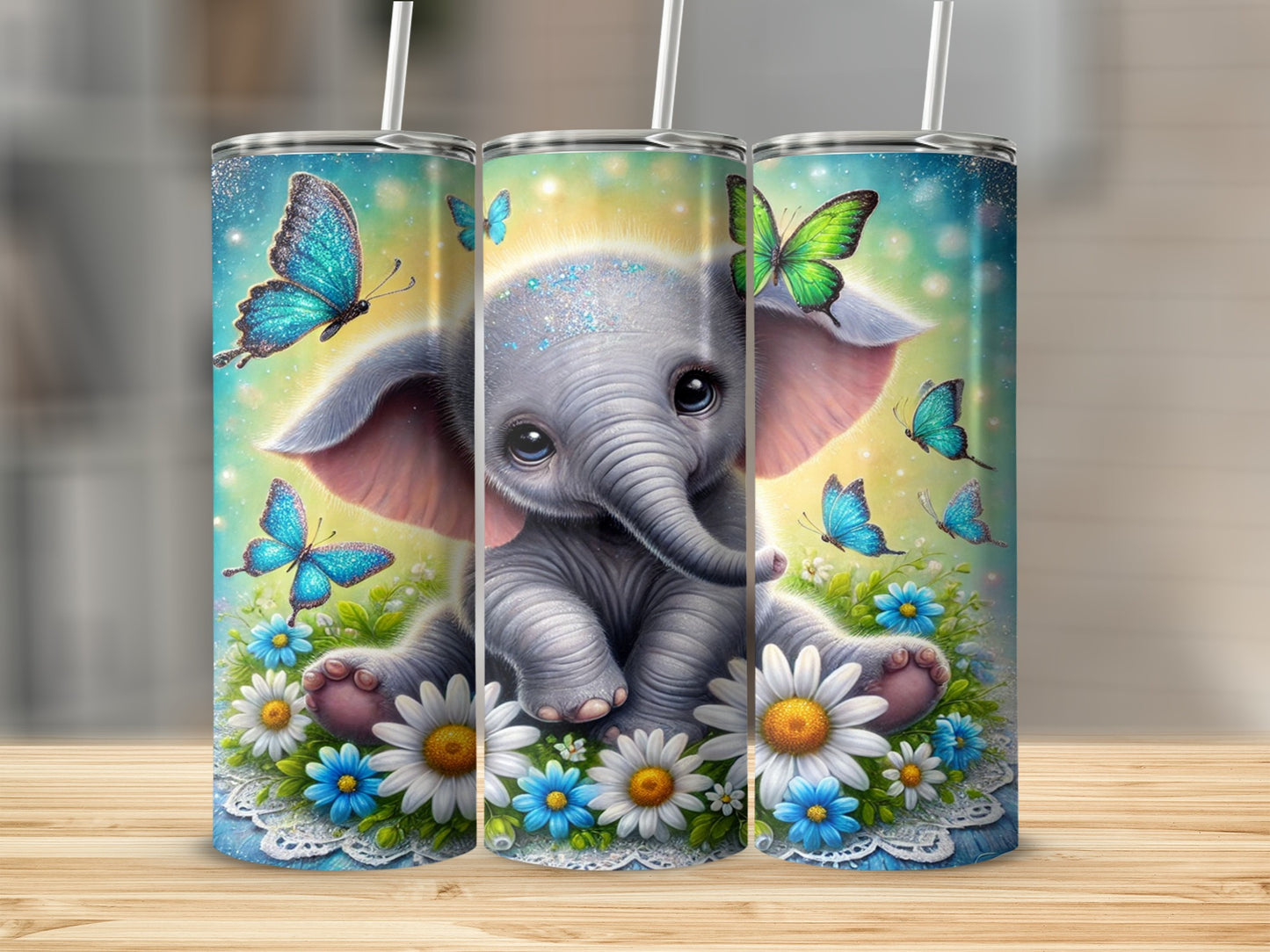 Adorable Elephant with Butterflies and Flowers Tumbler