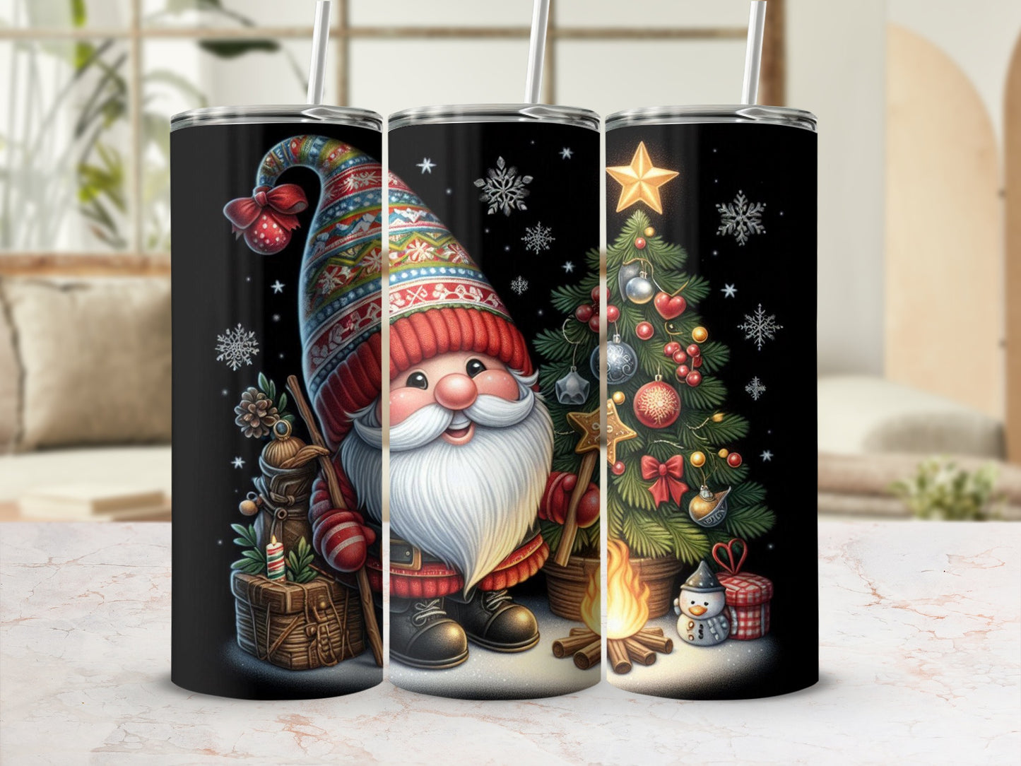 Christmas gnome with Santa hat, holding a broom by a campfire and decorated tree.