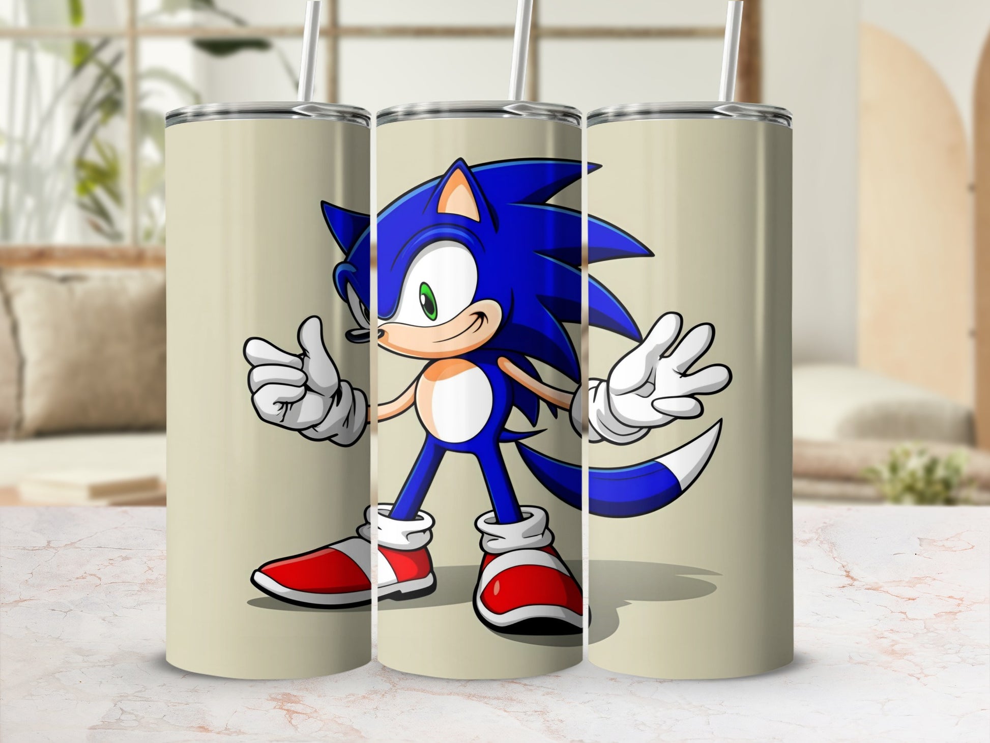 Sonic the Hedgehog giving a thumbs up on a beige tumbler.
