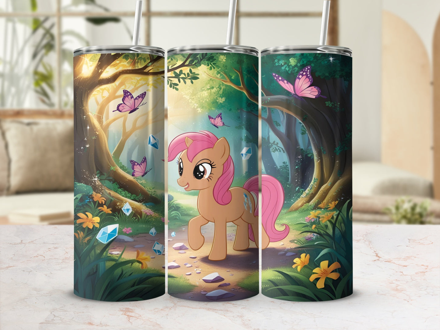 My Little Pony character walking through a forest with butterflies and crystals.