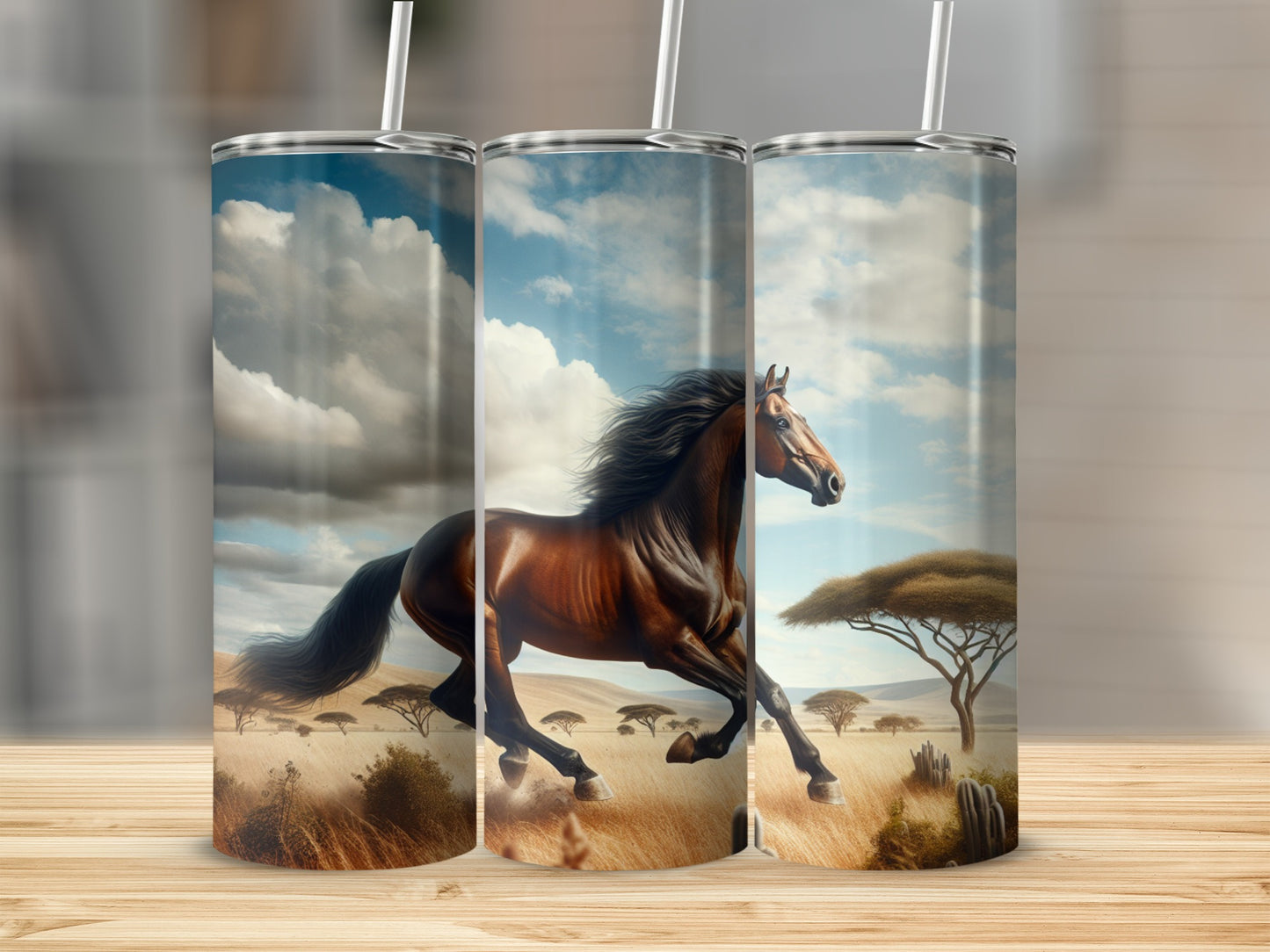 Brown horse galloping in a dry savanna with sparse trees and clouds.