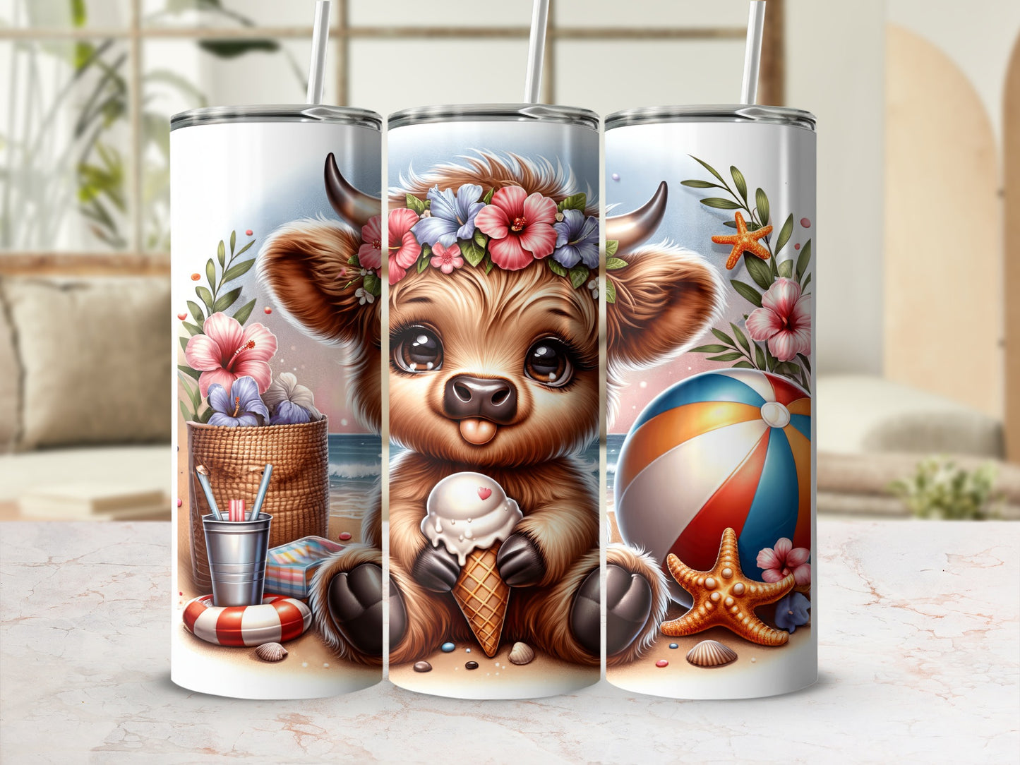 Cute cow with ice cream and floral crown on beach, beach ball, starfish.