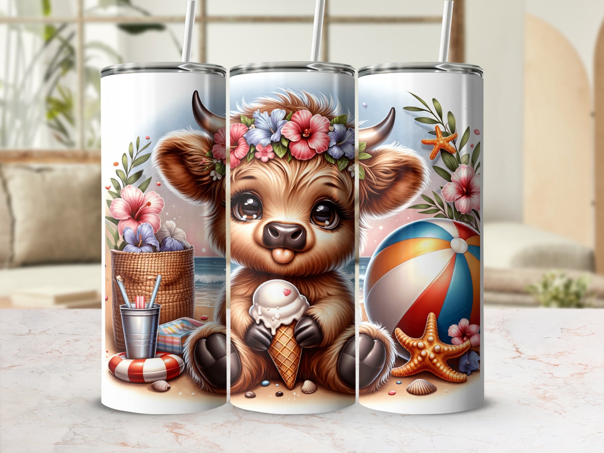 Cute cow with ice cream and floral crown on beach, beach ball, starfish.