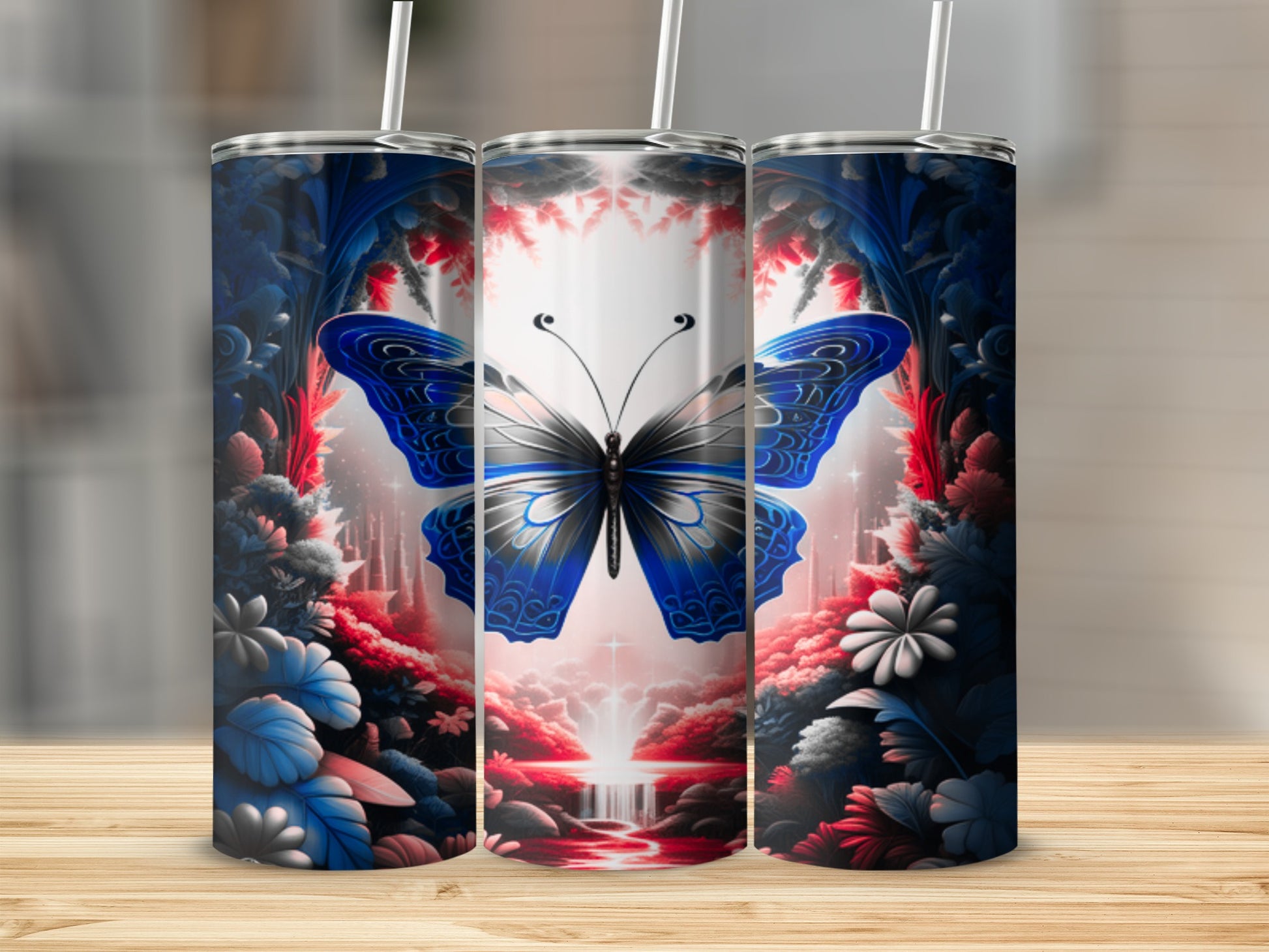 Tall tumbler with a blue butterfly and floral design.