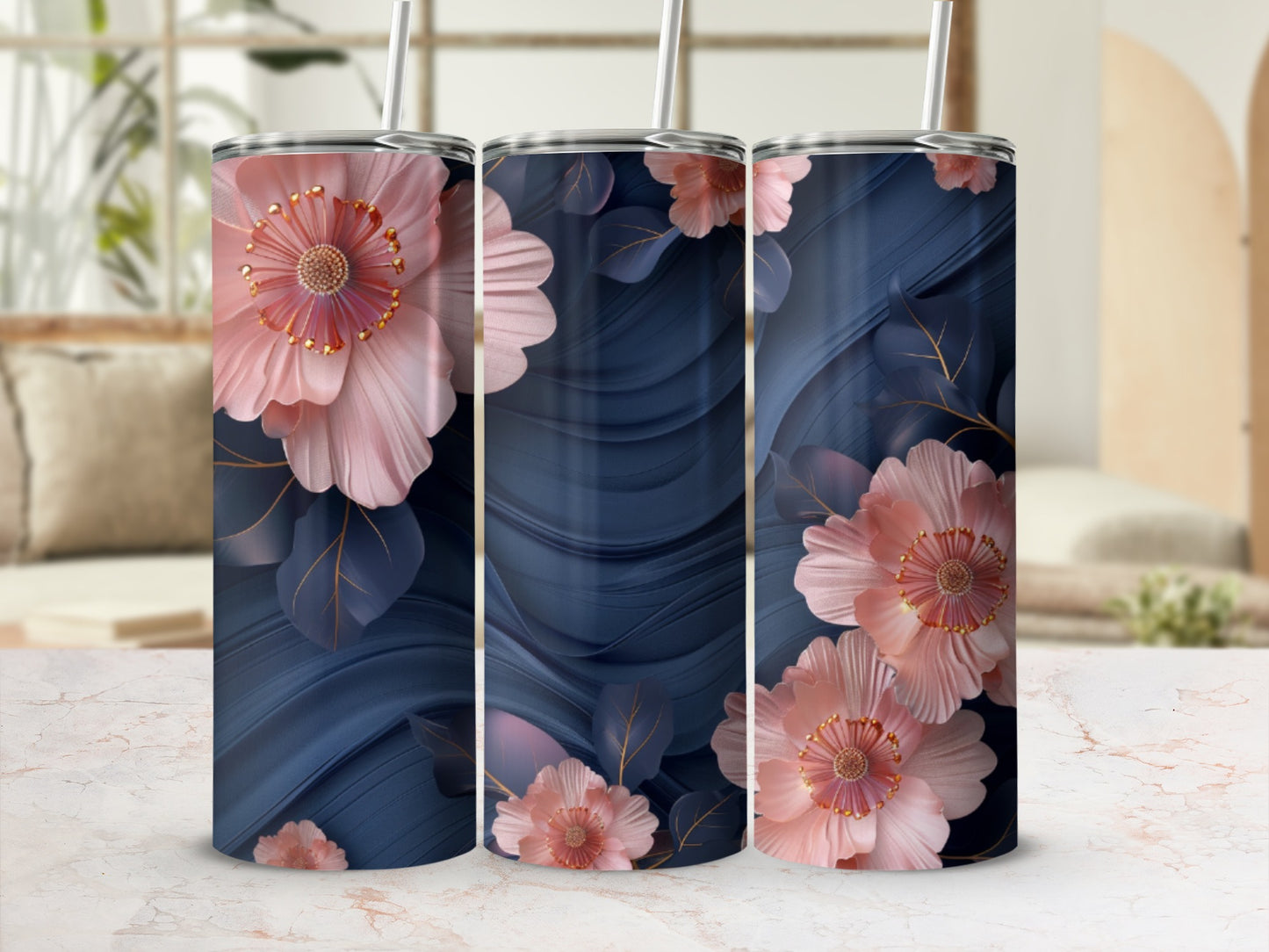 Dark blue floral tumbler with pink blossoms and gold accents.