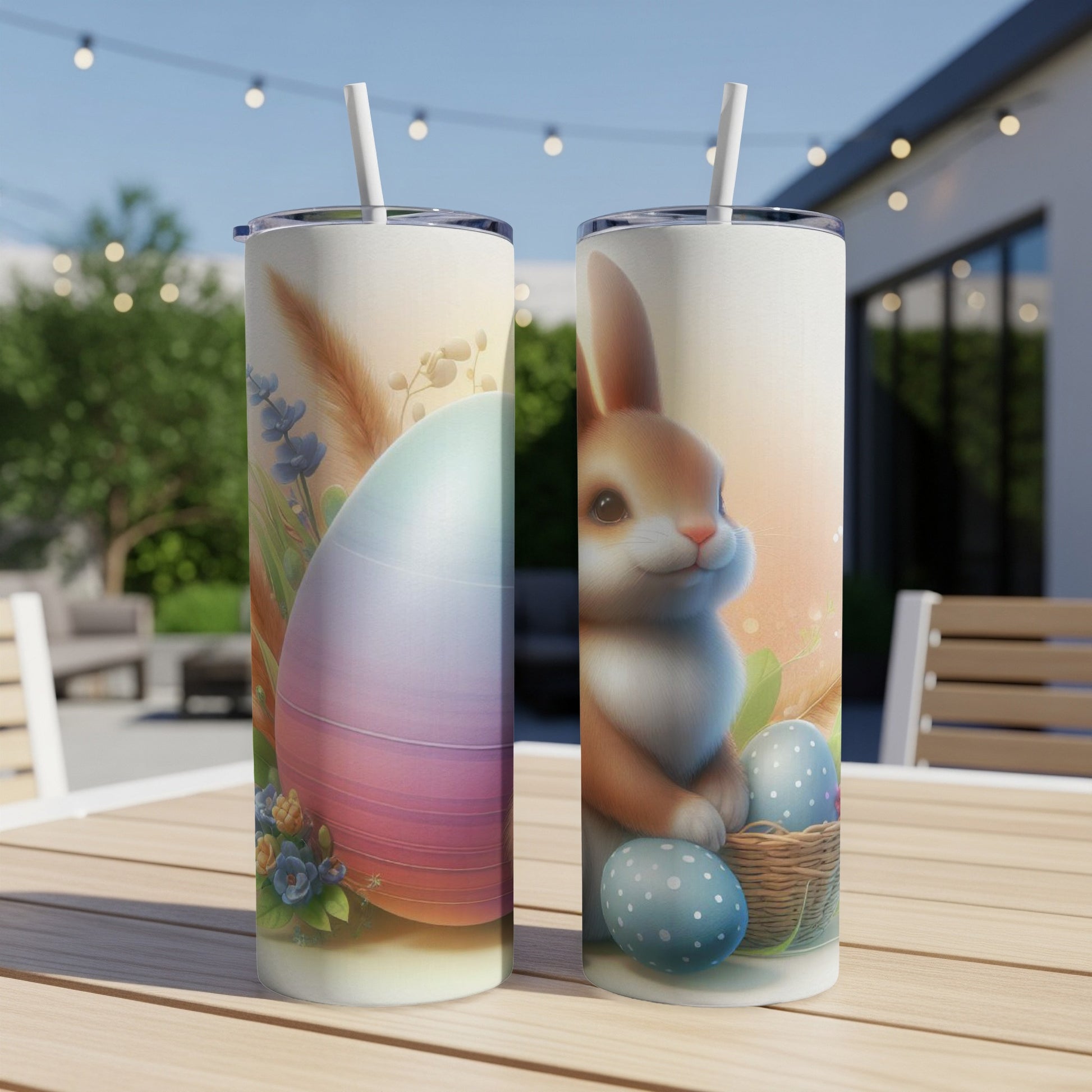 Easter bunny and decorated eggs on a rustic tumbler.
