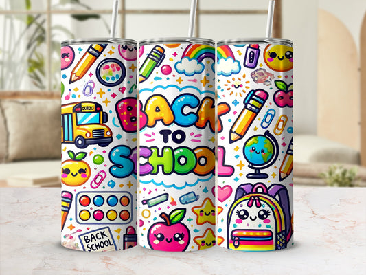 Three tumblers with "Back to School" theme featuring pencils, apples, and a bus.