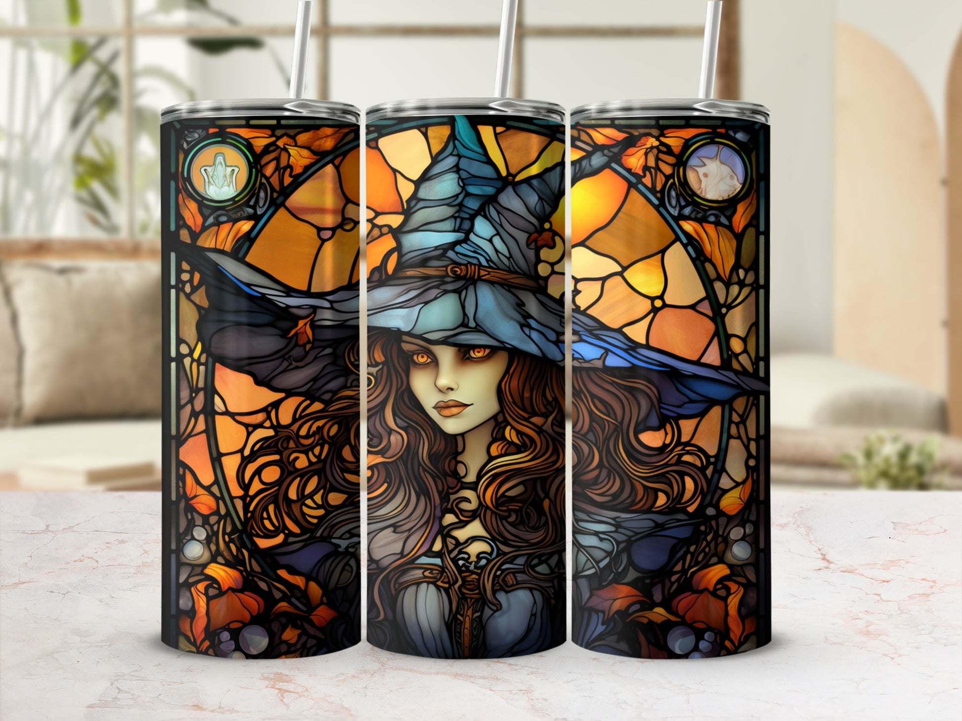 Witch with stained glass background on three tumblers.