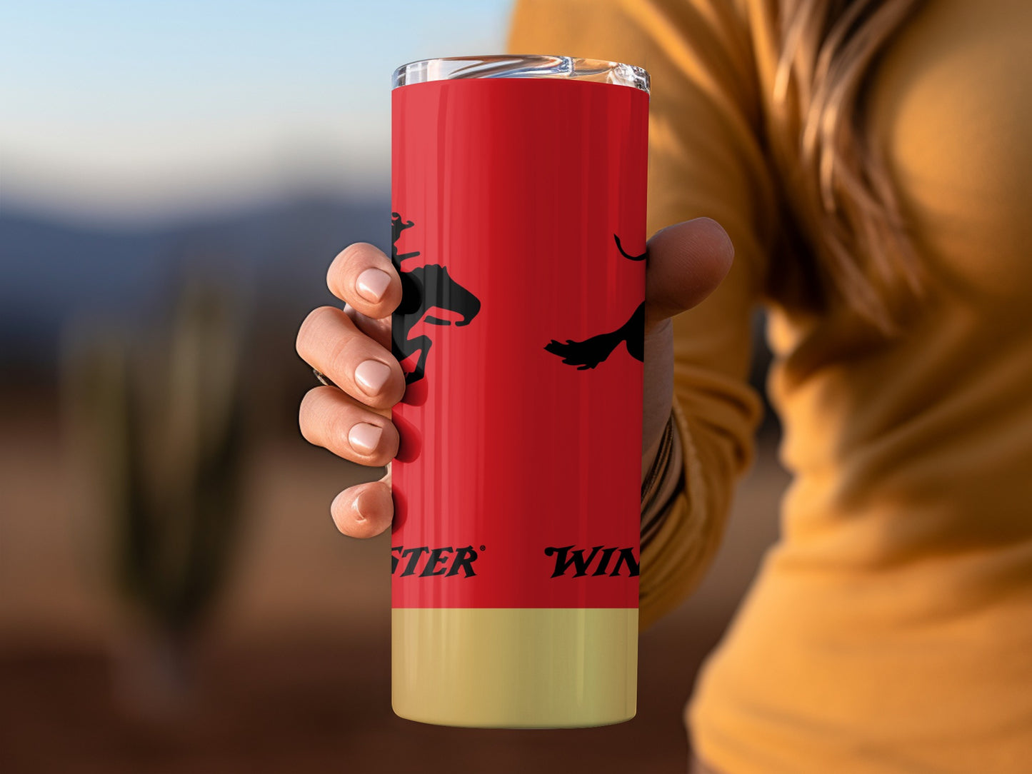 Winchester Rider on Horse Red And Gold Background Tumblers