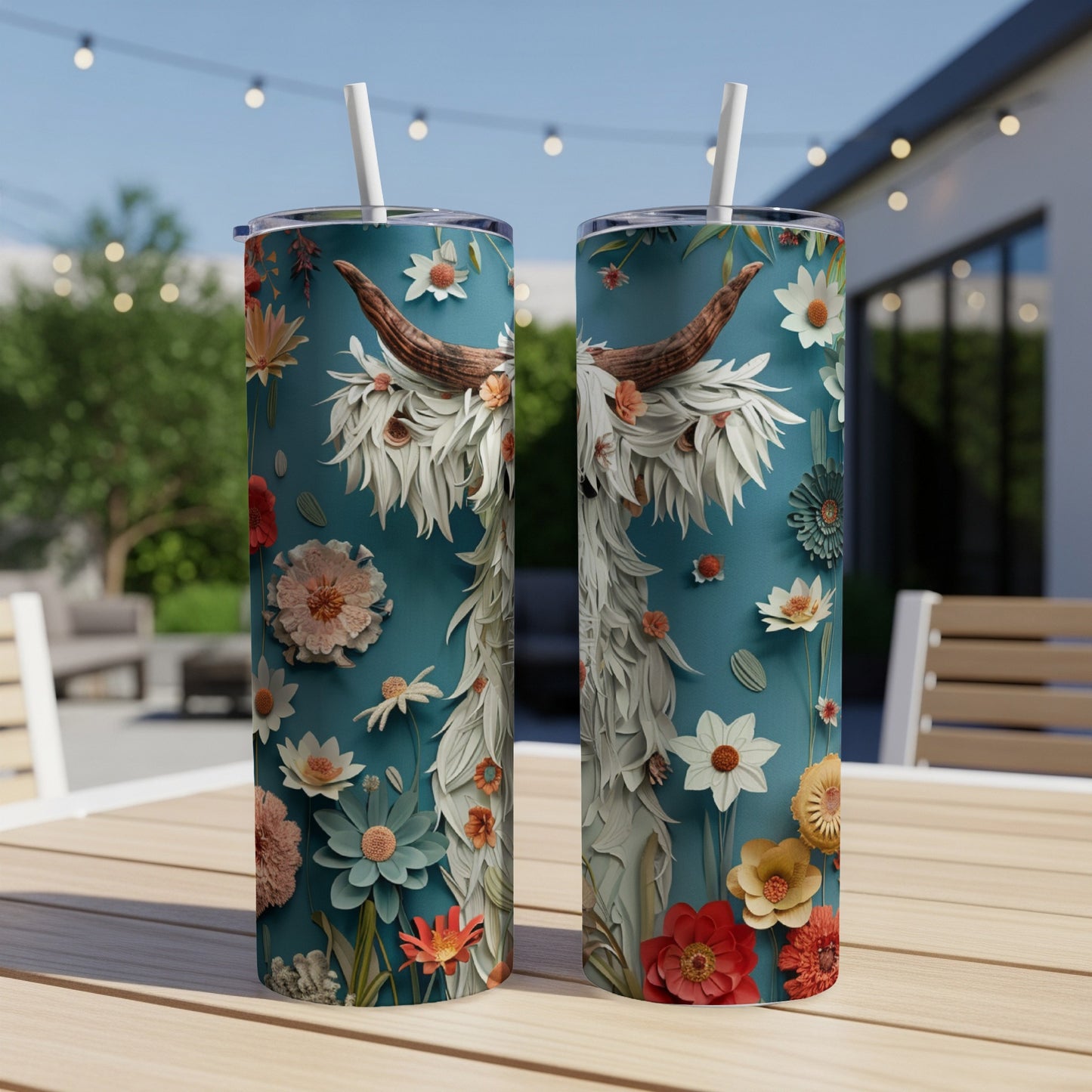 Two teal tumblers with a floral highland cow design.