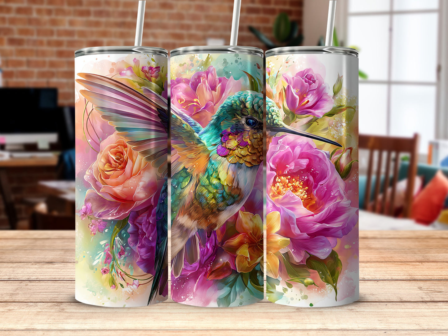 Colorful Hummingbird and Flowers Insulated Tumbler
