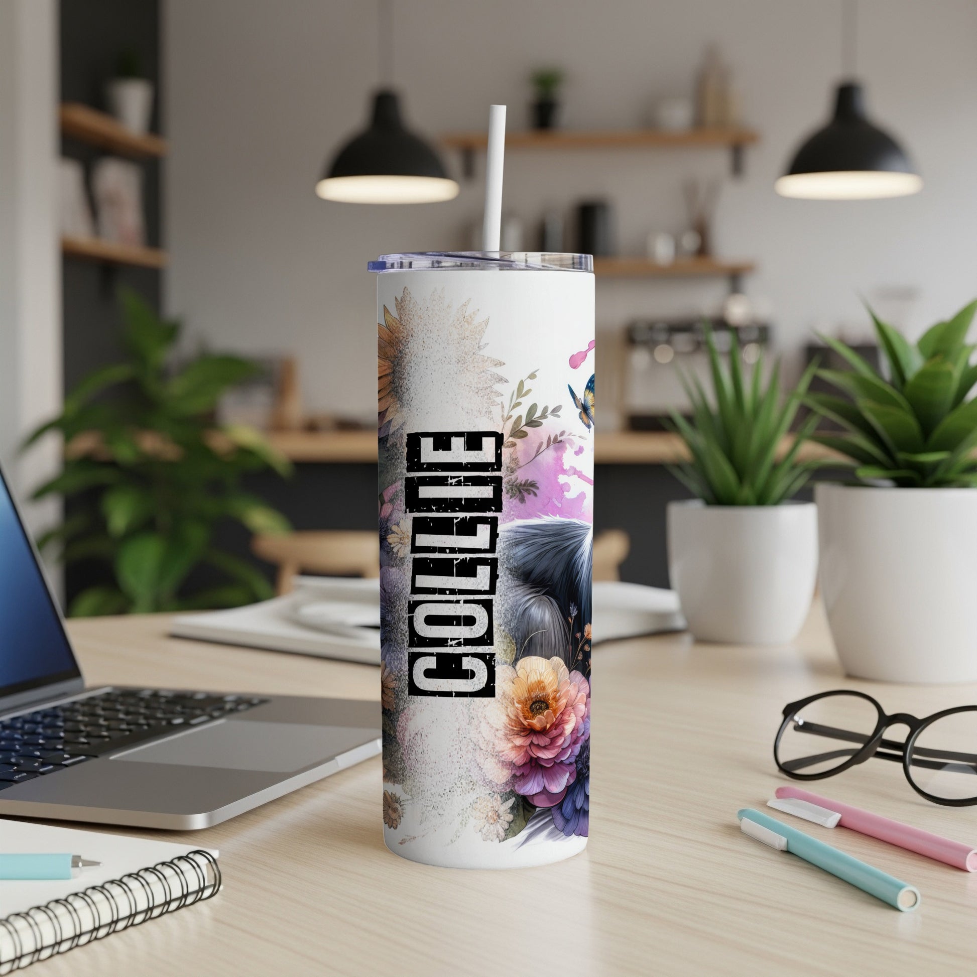 White tumbler with "Collie" text and floral watercolor design.