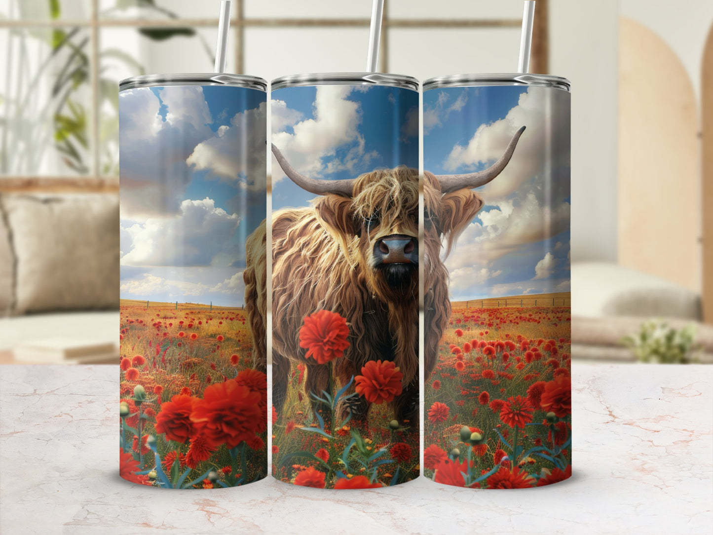 Highland cow in a field of red flowers under a cloudy sky.