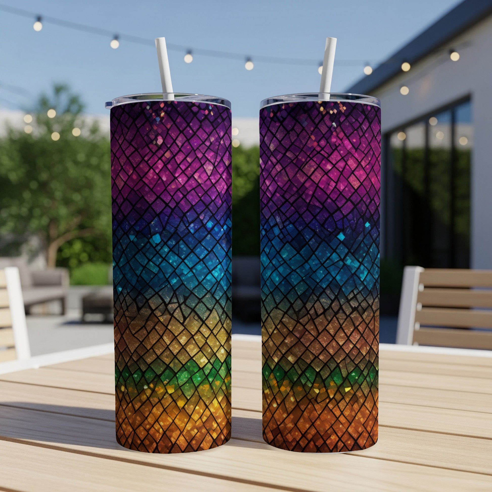 Two tall, colorful tumblers with a mosaic scale pattern on a wooden table.