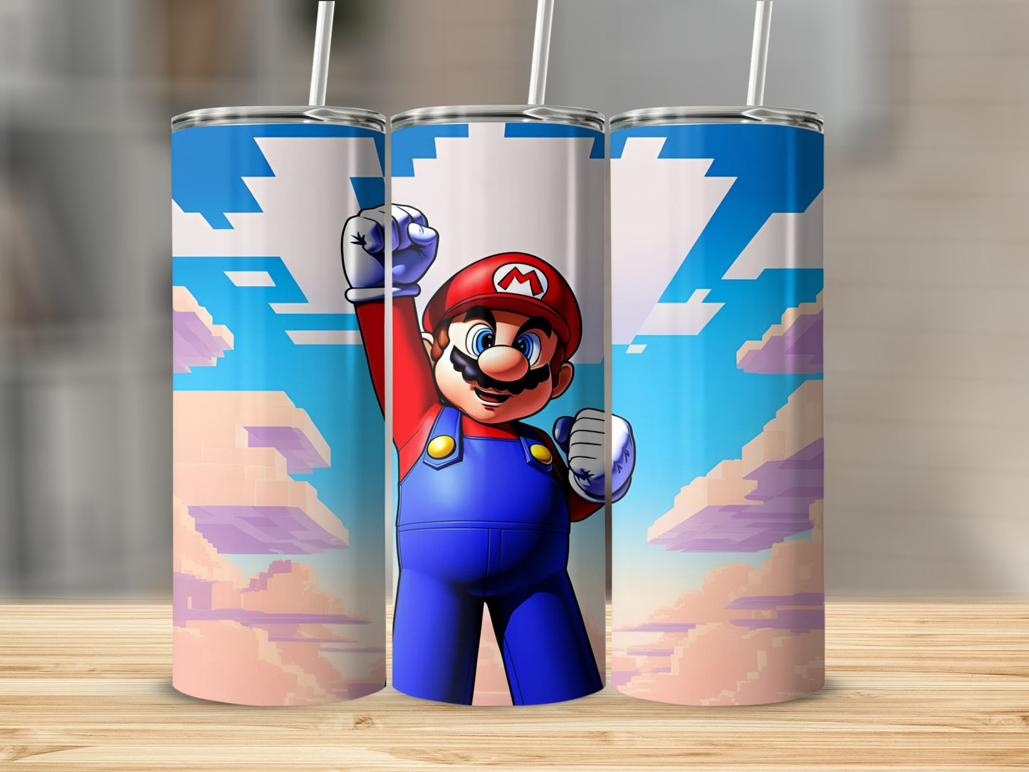 Mario character in blue overalls and red hat, raising fist with pixelated sky background.