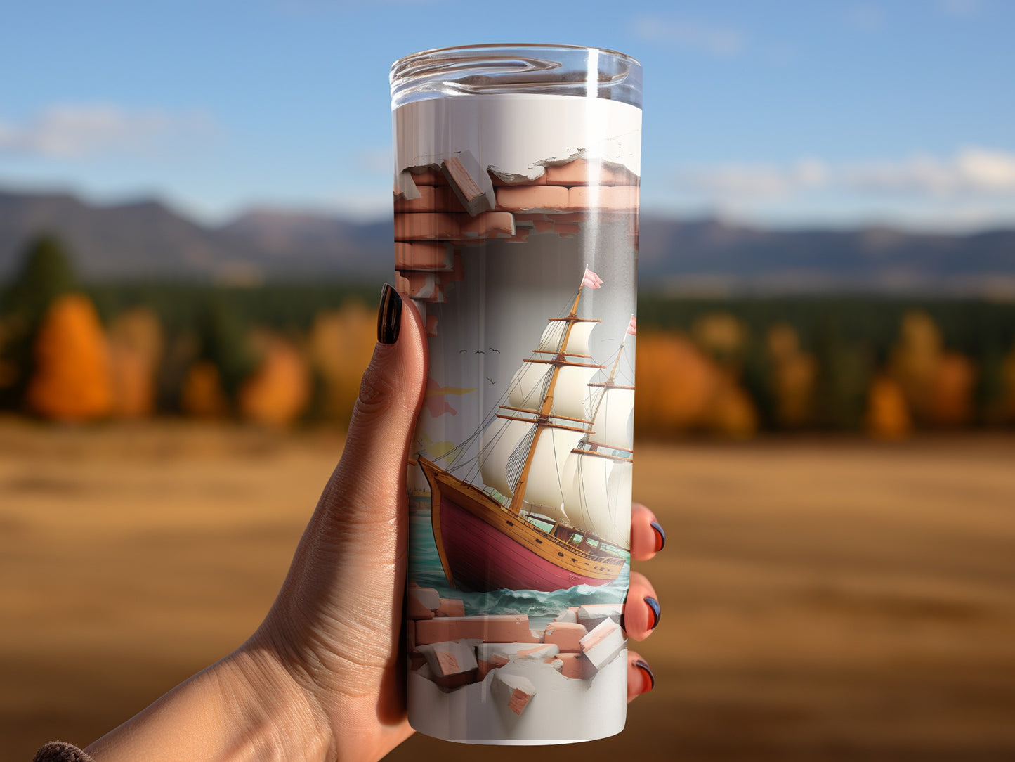 Sailing Ship Breaking Through Wall Art on Tumbler