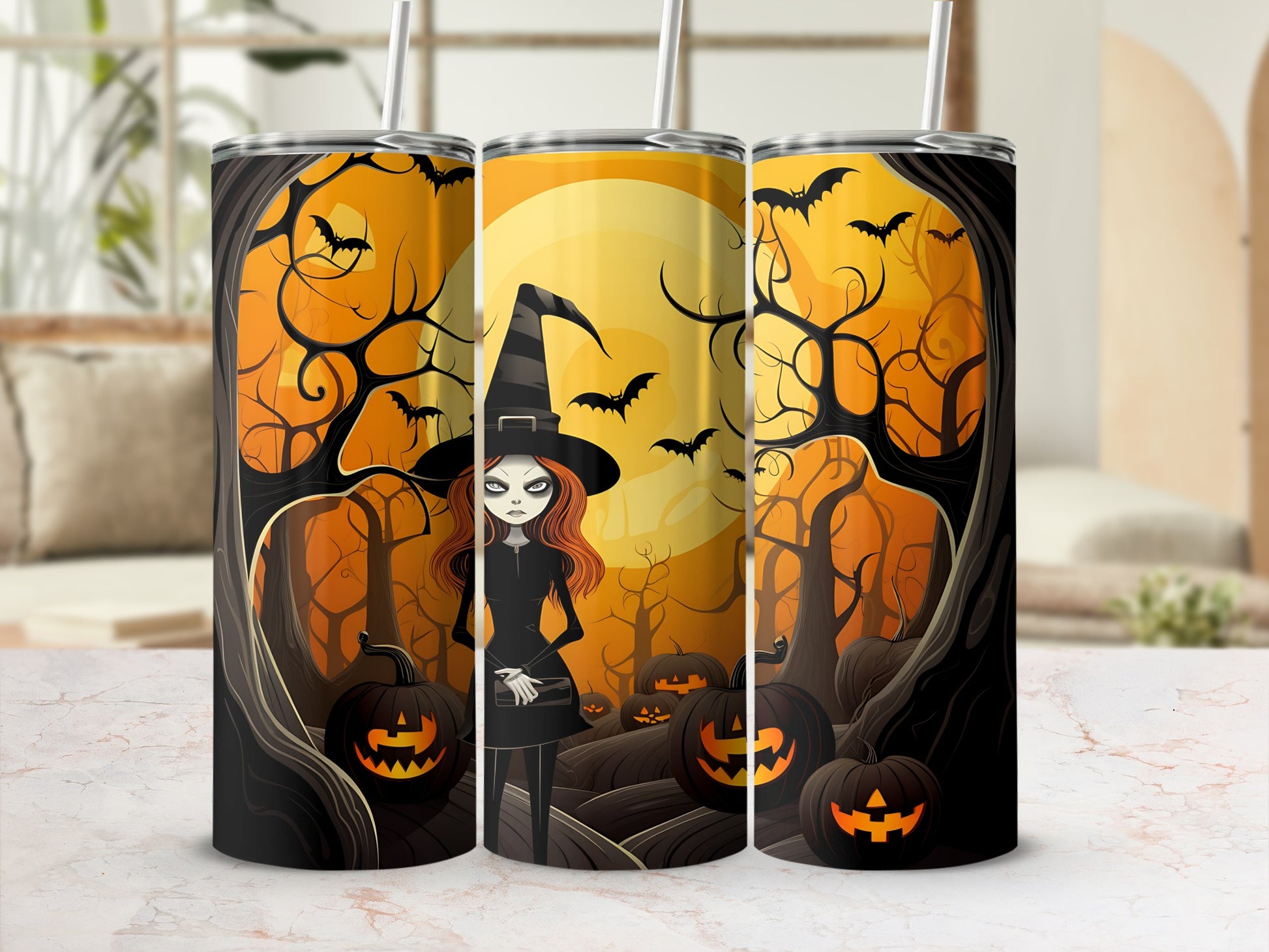 Halloween tumblers featuring a witch and pumpkins against a full moon and spooky trees.