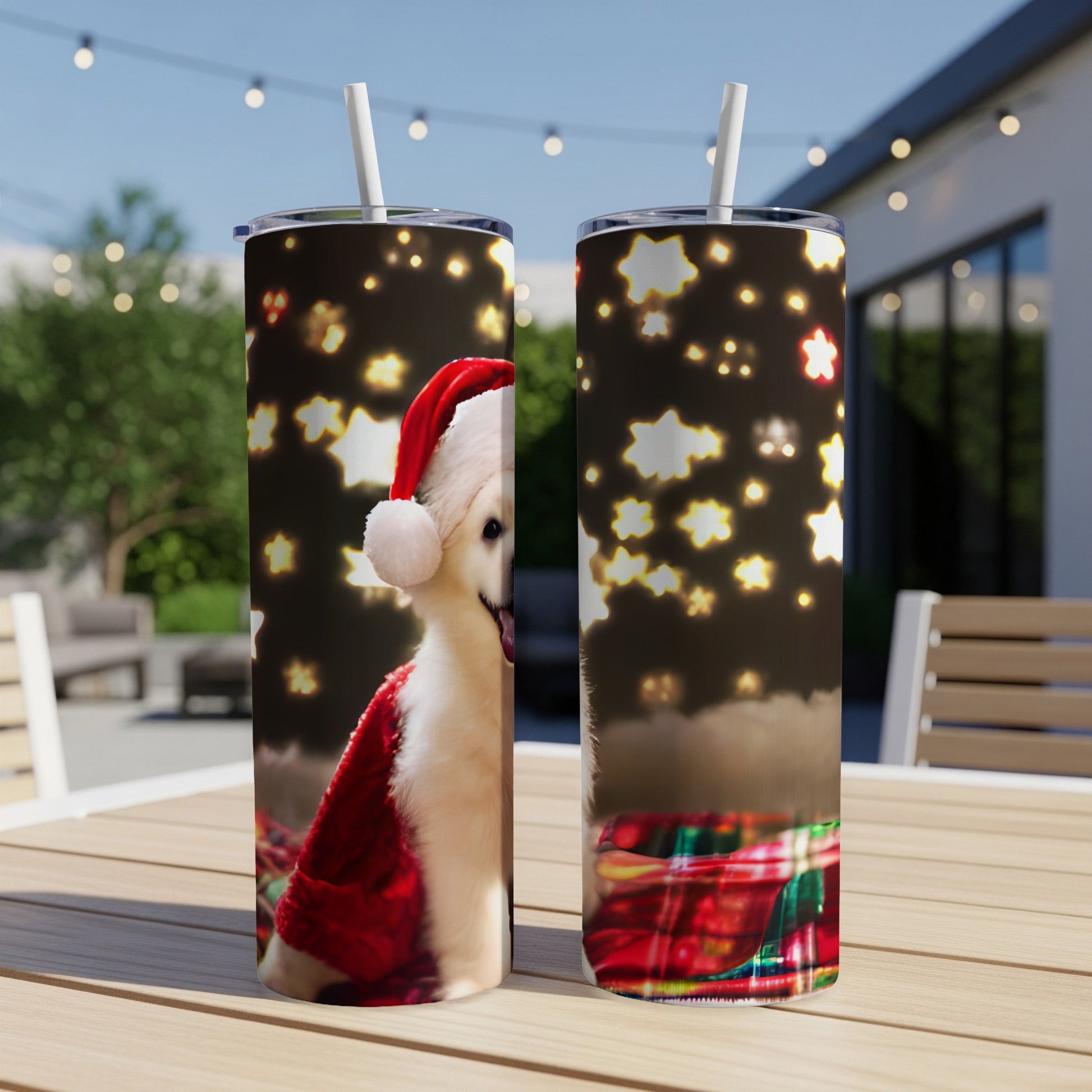 Golden retriever puppy in Santa hat on Christmas tumbler.