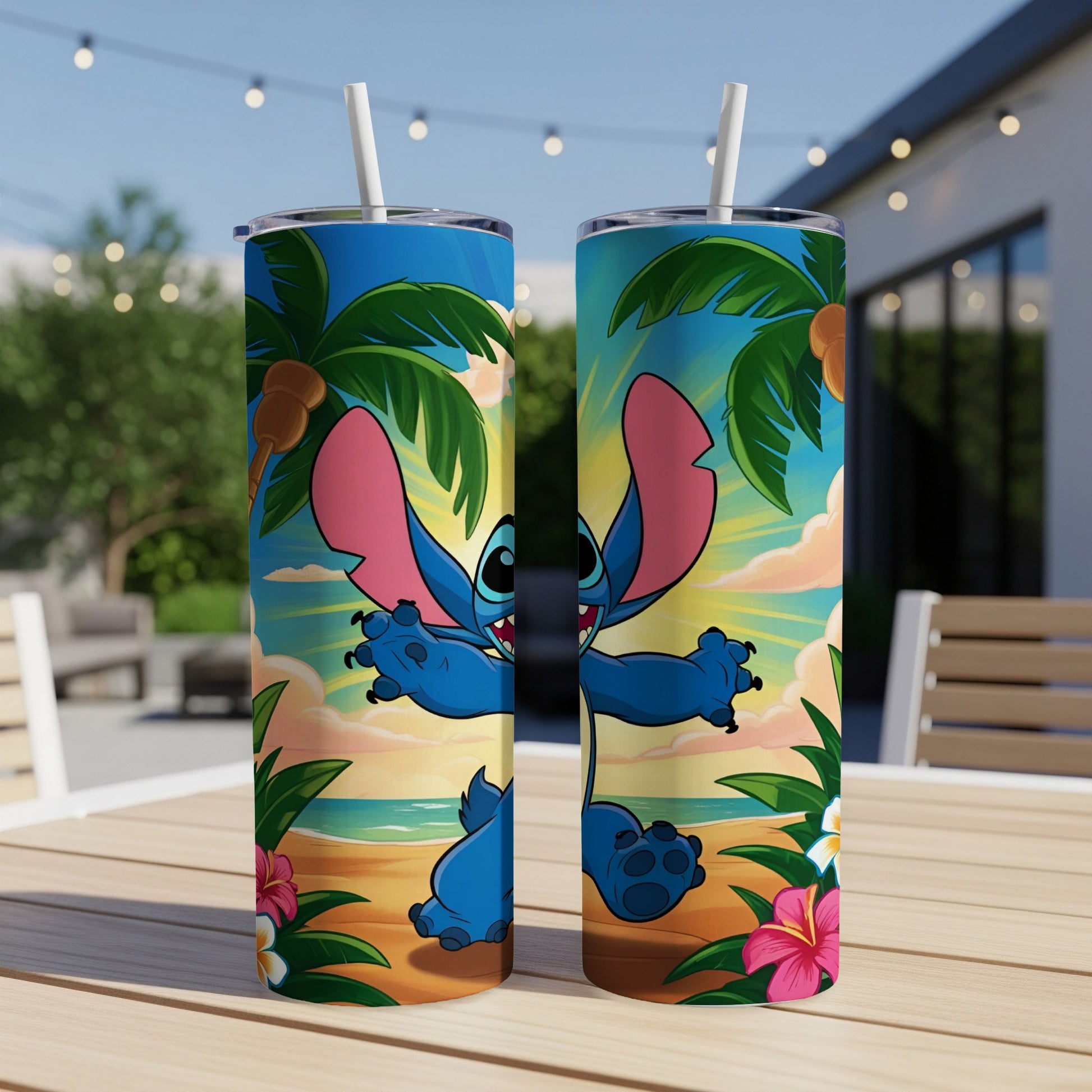 Stitch character on a beach with palm trees and tropical flowers.