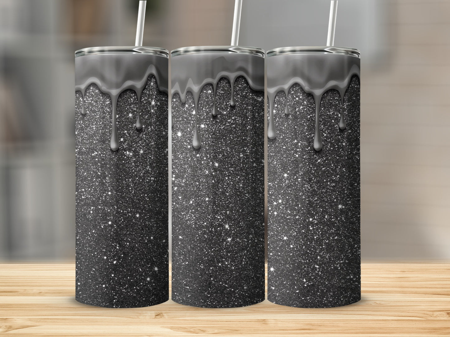 Black Glitter Drip Tumbler with Straw