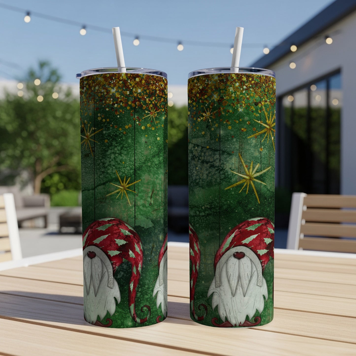 Two tumblers with green, sparkly Christmas gnome design.