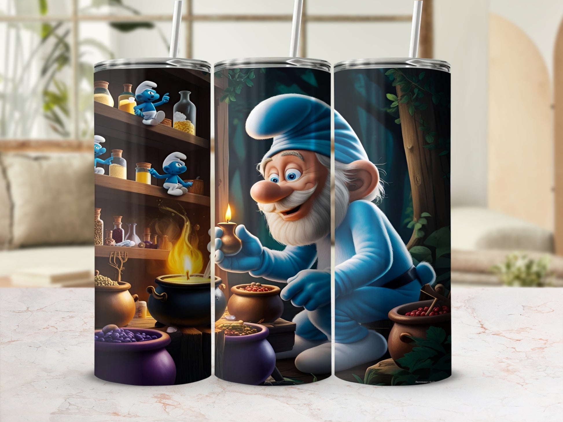 Gnome with a candle and cauldron on a wooded background.