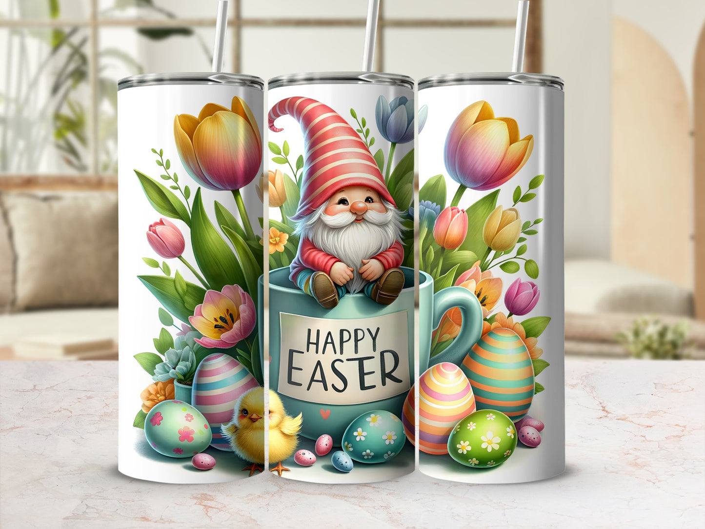 Easter gnome in mug with tulips, eggs, and chick.