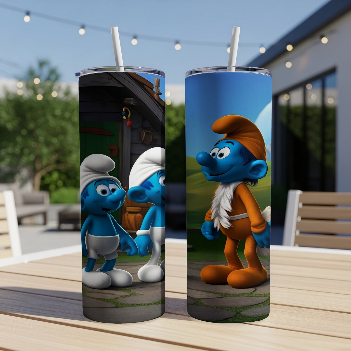 Two Smurfs on one tumbler, one Smurf on another tumbler.