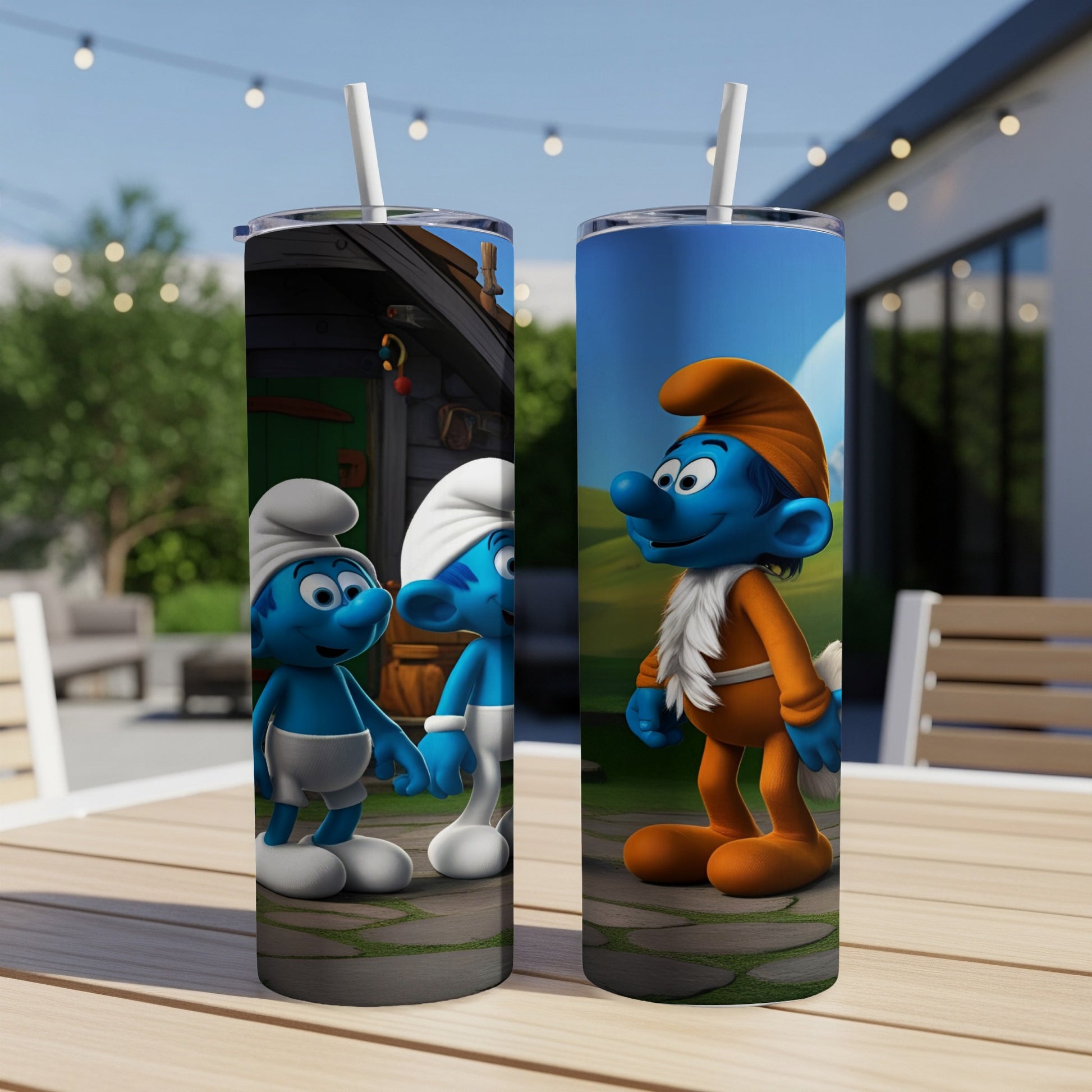 Two Smurfs on one tumbler, one Smurf on another tumbler.