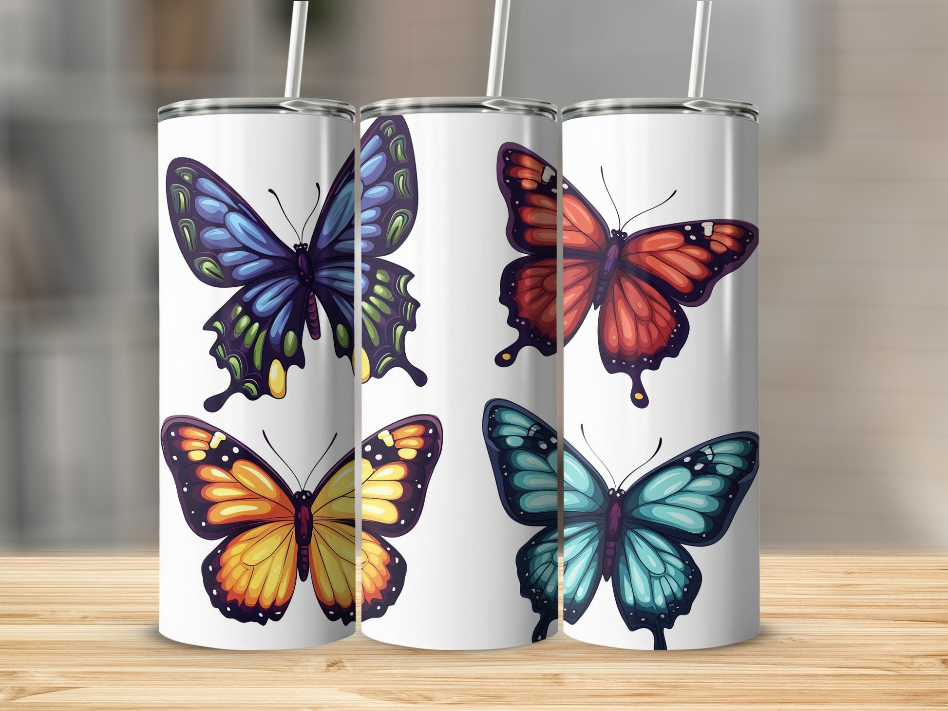 Vibrant Butterflies Drinkware White Background product type