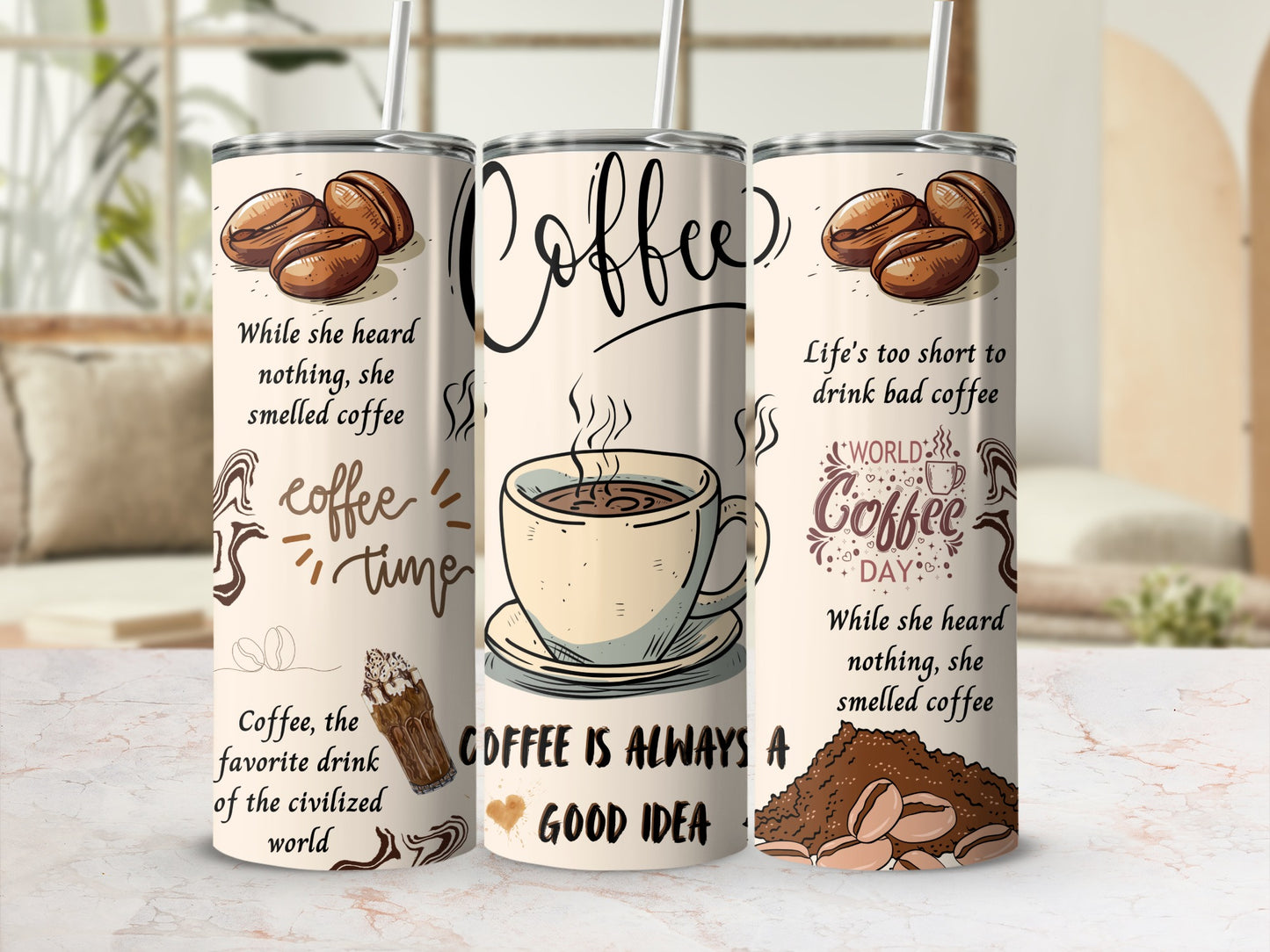 Coffee Quotes Design Stainless Steel Tumbler Cup