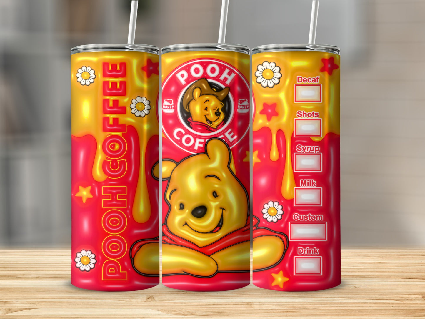 Cheerful Pooh Coffee Stainless Tumbler with Straw