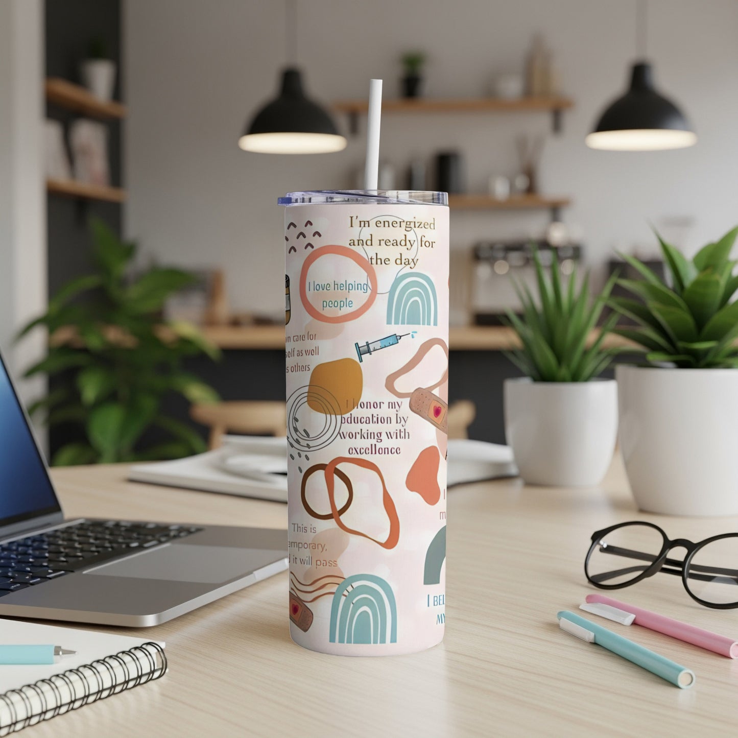 Tumbler with "I love helping people" and inspirational text on abstract background.
