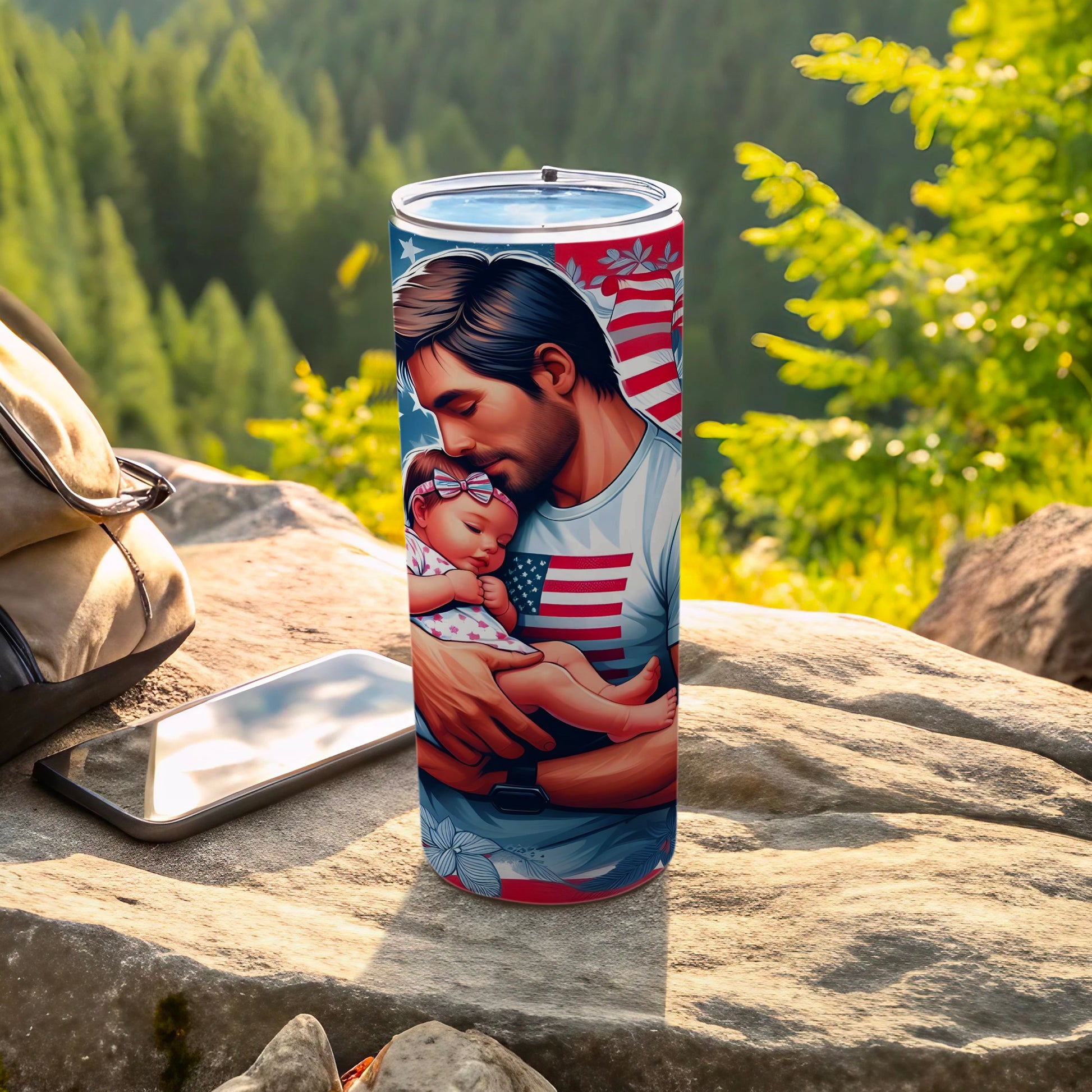 Father holding baby, patriotic design with US flag and stars.