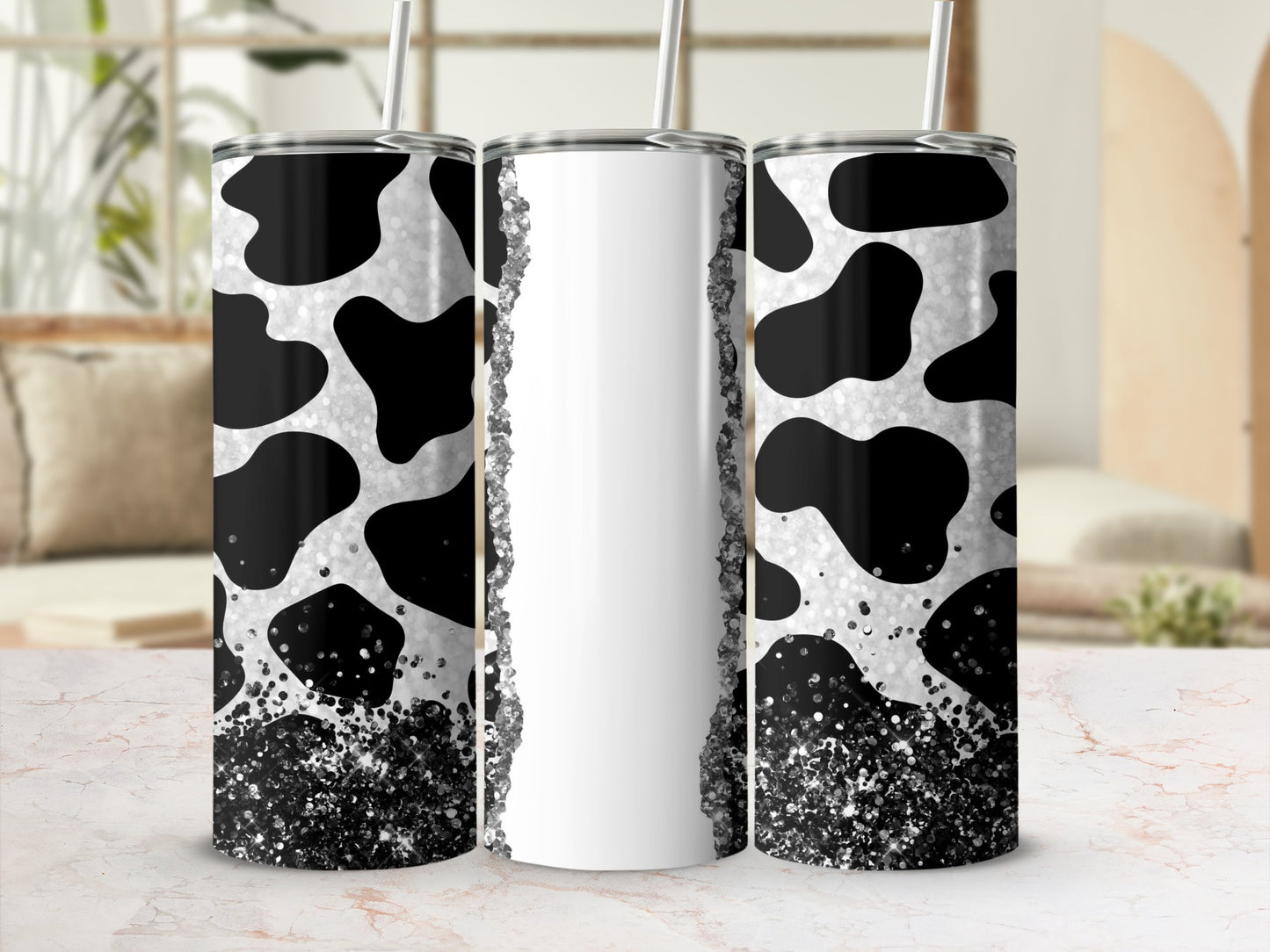 Black and White Cow Print Tumbler with Glitter Effect