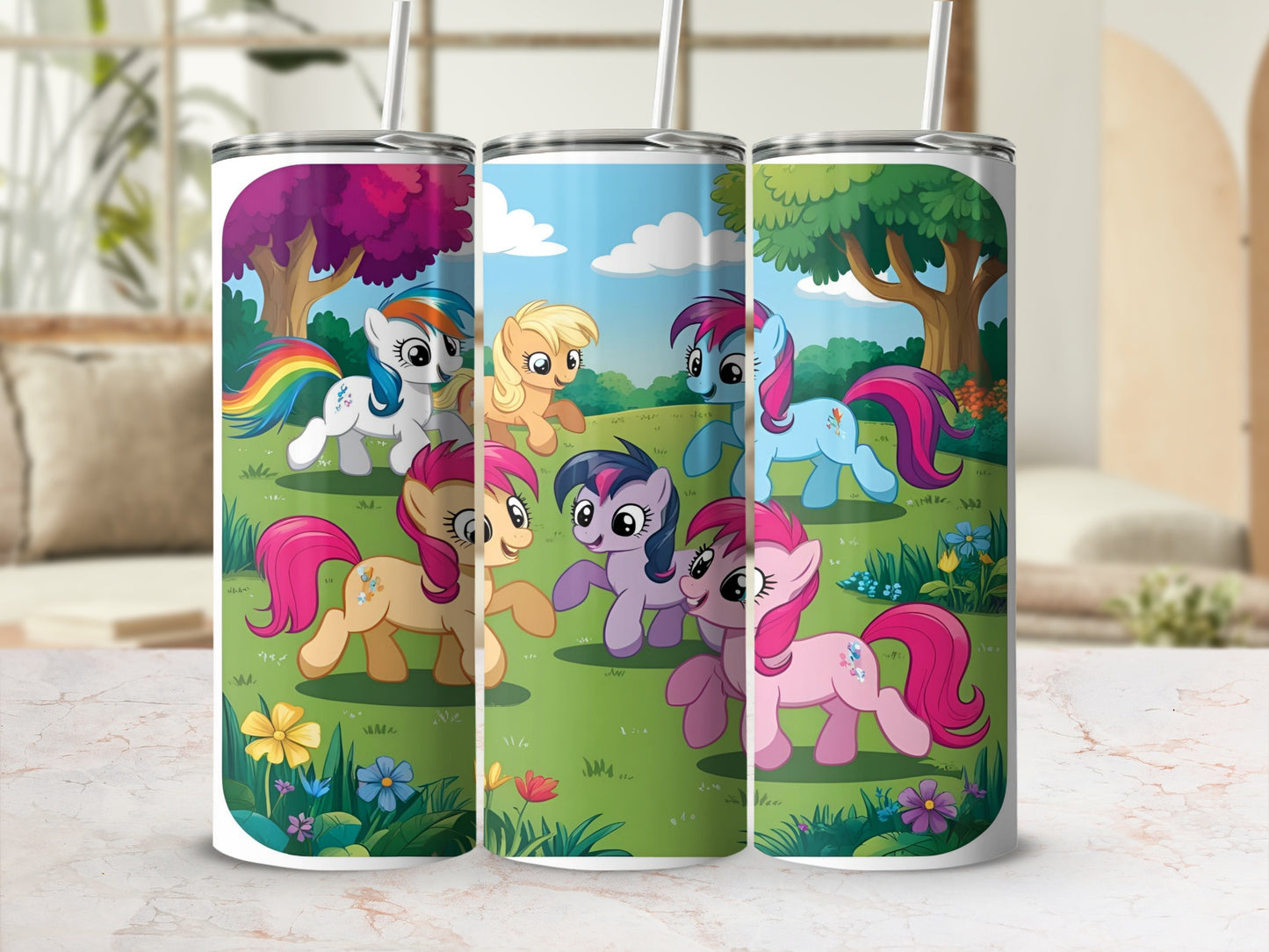 Three tumblers featuring My Little Pony characters in a grassy outdoor scene.