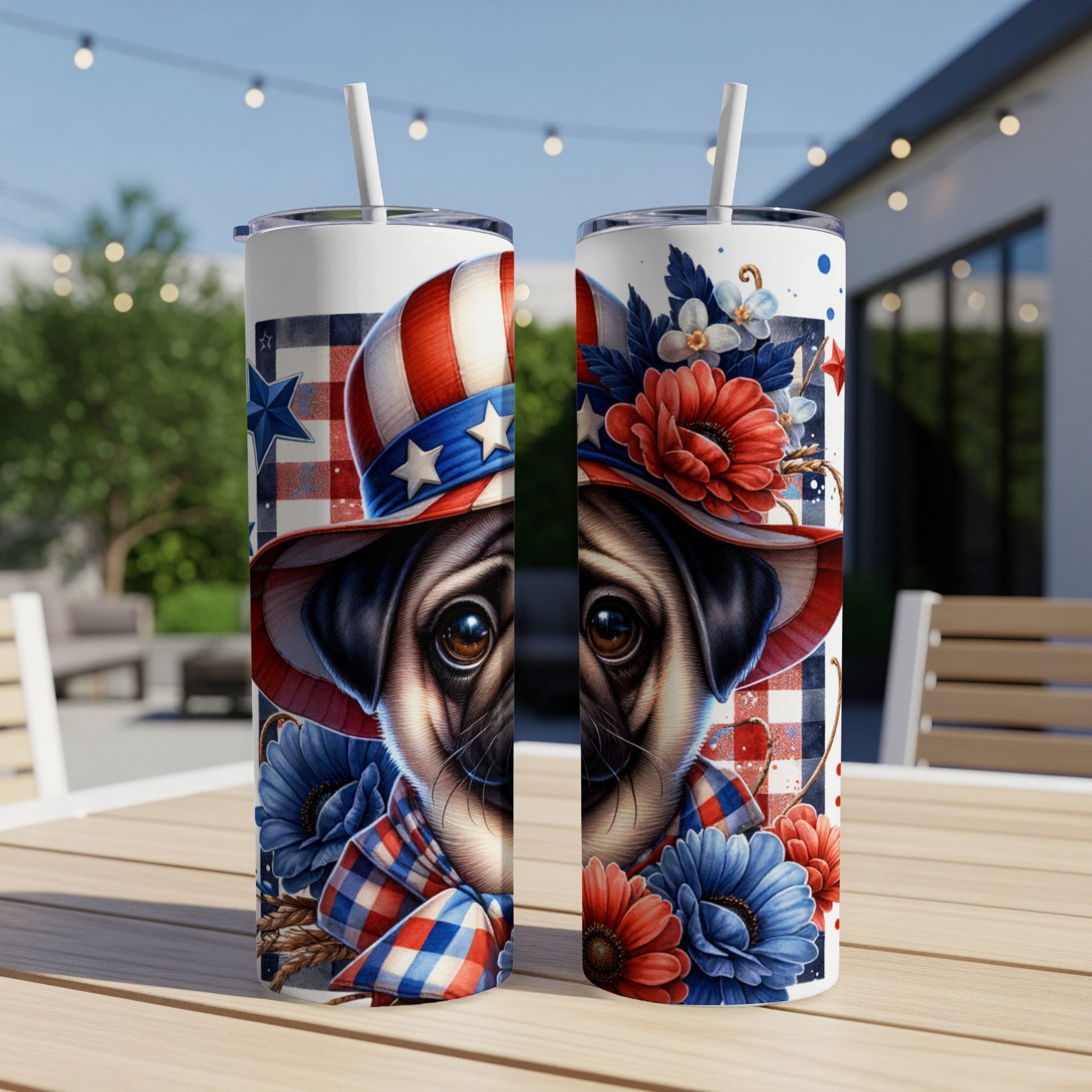 Pug in patriotic hat with flowers and plaid scarf, on a tumbler.