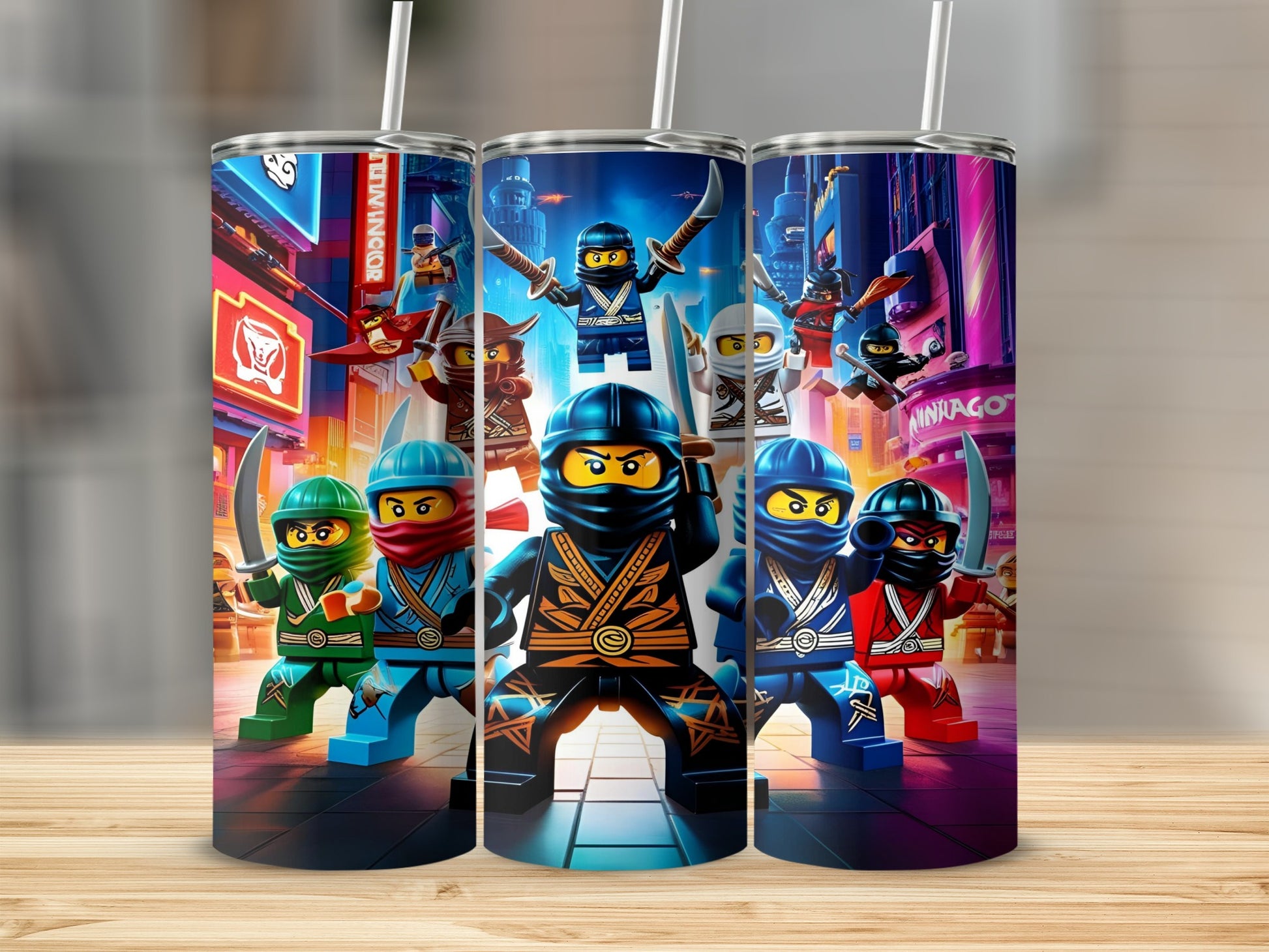 Ninjago characters in dynamic poses against a city backdrop.