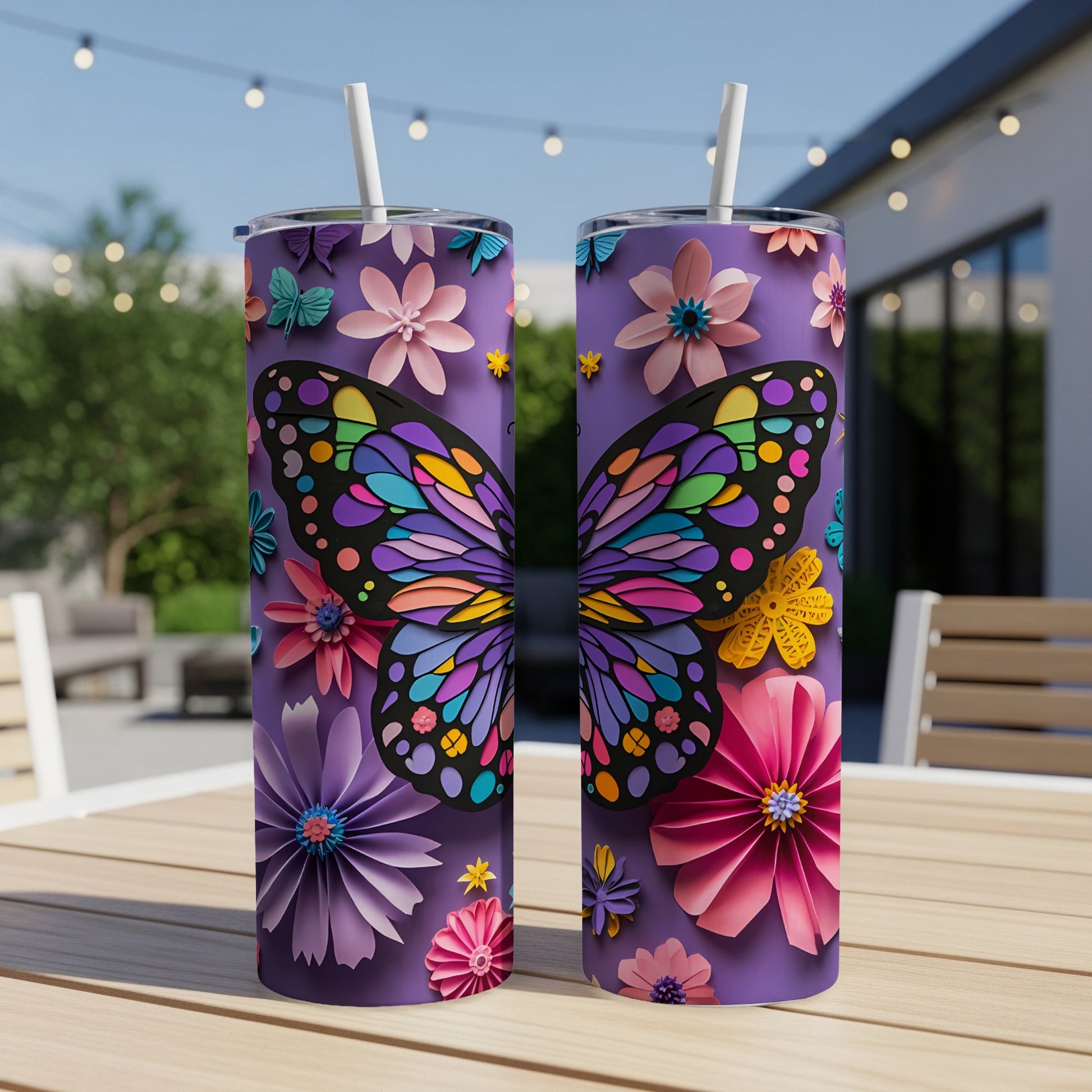 Two purple tumblers with a colorful butterfly and floral design.