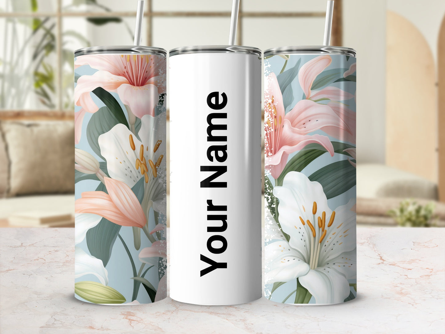 Personalized Floral Design Tumbler Cup with Straw