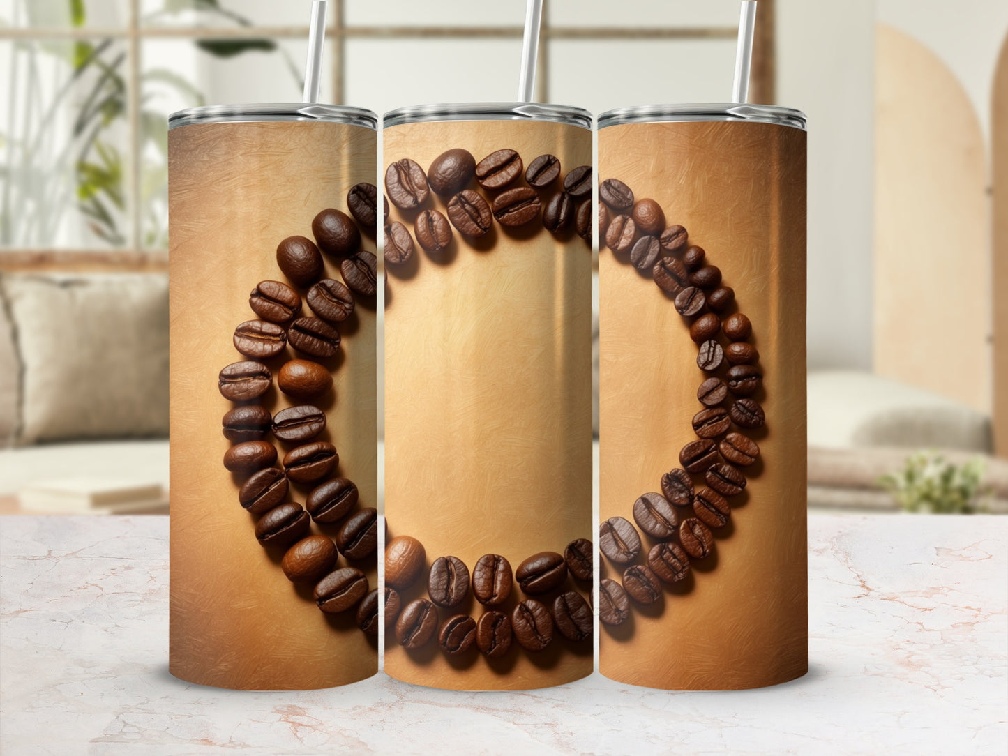 Coffee beans arranged in a circle on a textured background, suitable for a tumbler.