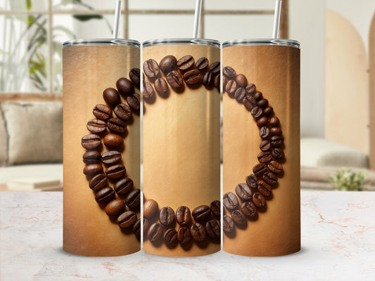 Coffee beans arranged in a circle on a textured background, suitable for a tumbler.