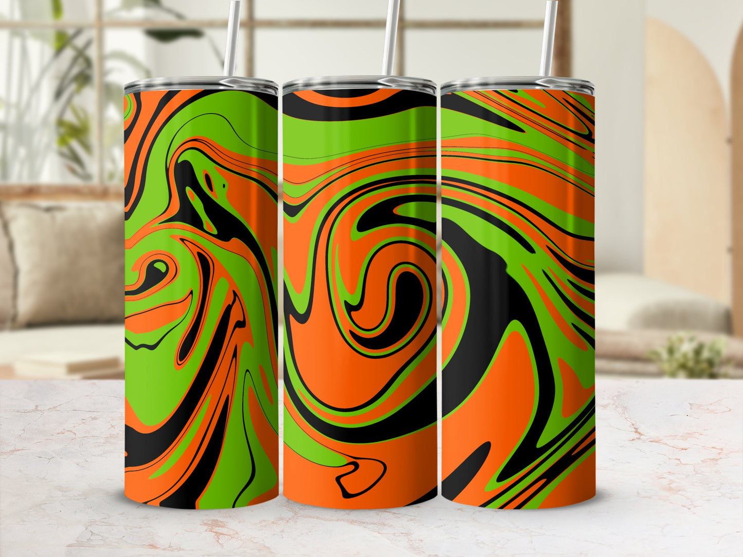 Vibrant Abstract Orange Green Black Swirl Tumbler Design