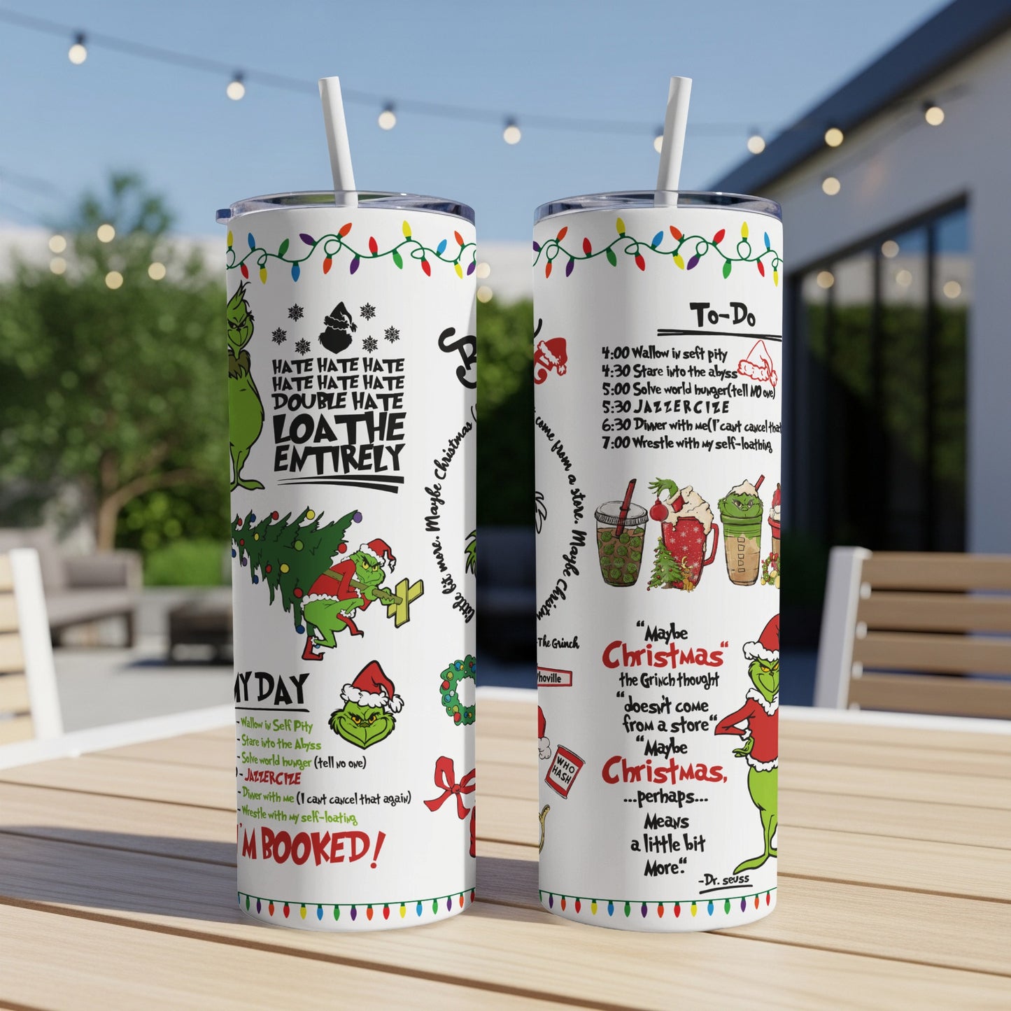 Grinch-themed tumbler with "Hate Hate Hate" and "To-Do" lists.