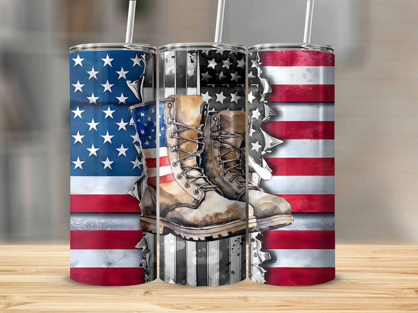 Two combat boots on an American flag tumbler.