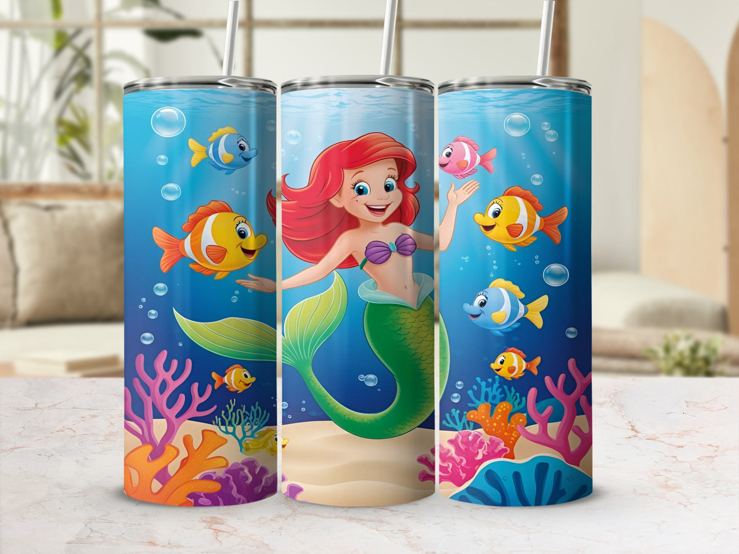 Mermaid with green tail swimming with colorful fish and coral.